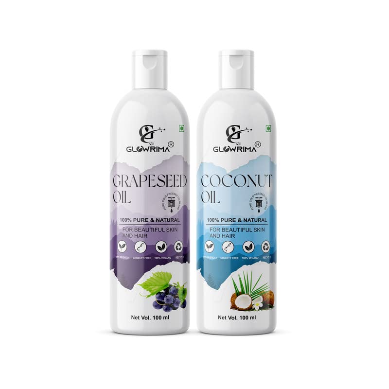 Glowrima 100% Pure Grapeseed Oil & Coconut Oil Combo (100ML Each) - Promotes Rapid Hair Growth, Reduces Hair Fall, Repairs Split Ends for Softer & Shinier Hair - Pack of 2 - Perfect for Daily Hair Care, Scalp Massage & Natural Hair Treatments