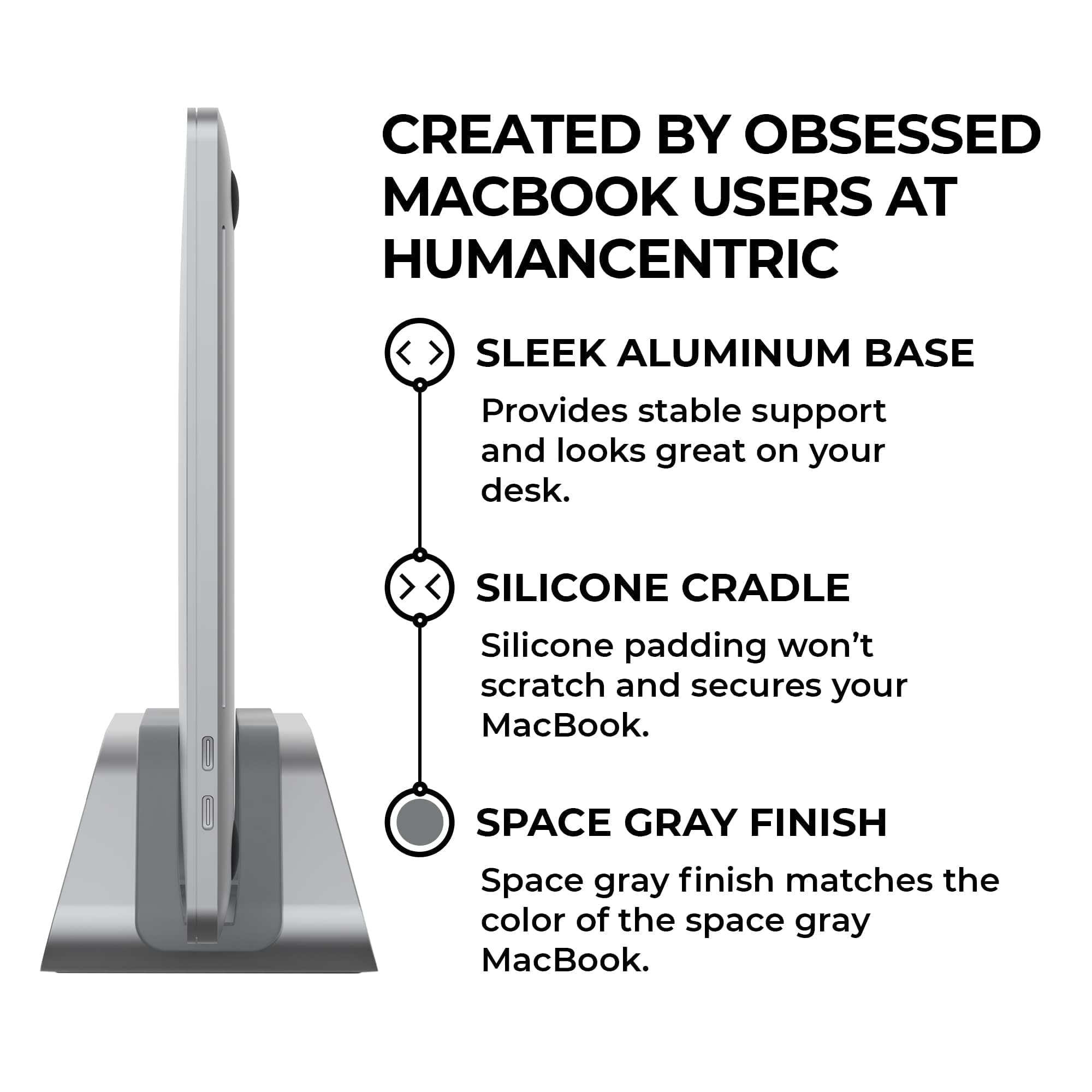 HumanCentric Space Gray Vertical Laptop Stand with USB-C Docking Station - Ergonomic Laptop Holder & Under-Desk Organizer with 87W Charger & HDMI Monitor Support - Perfect for Home Office & Workspace Setup