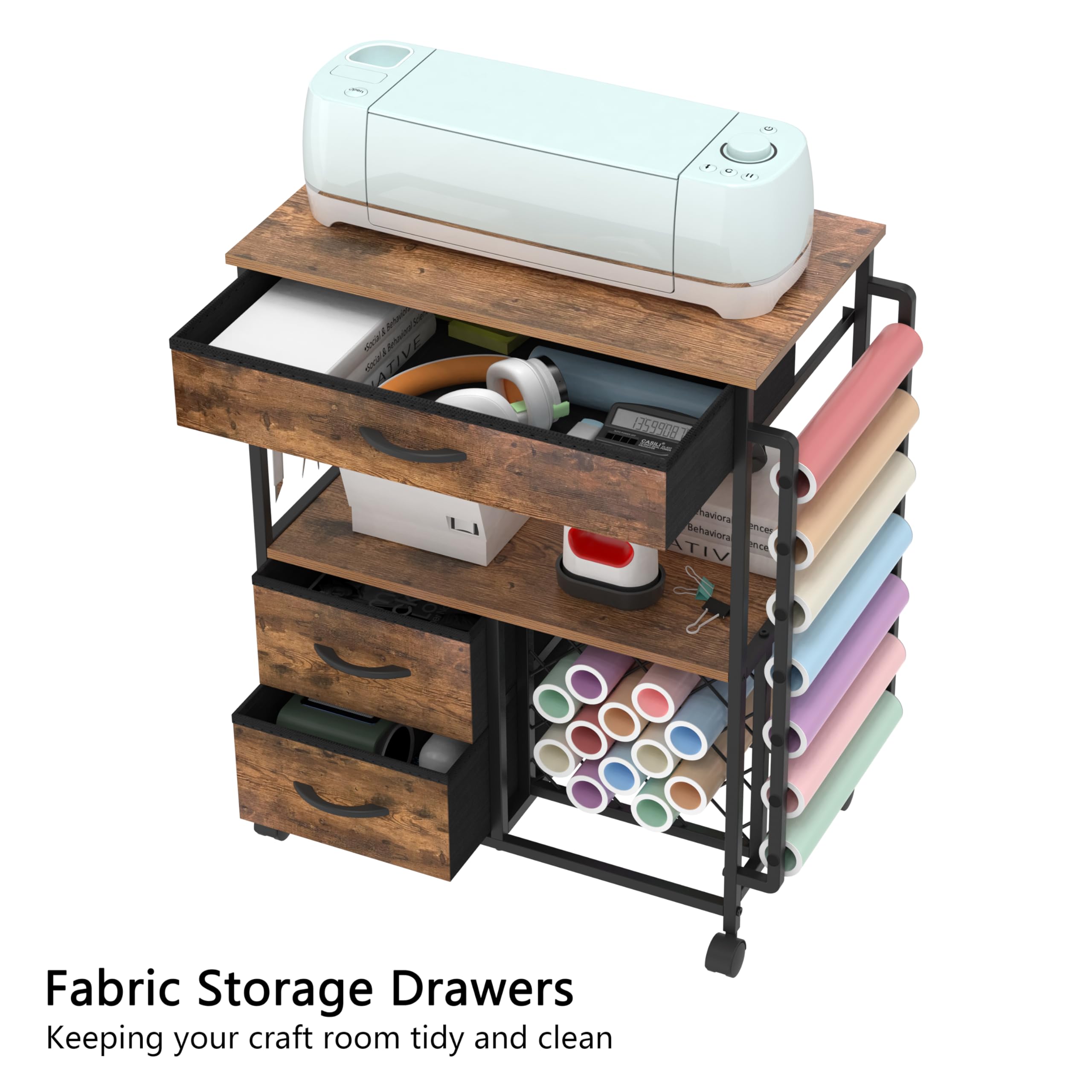 Storage Cart for Cricut Machines - Rolling Craft Cabinet with Drawers & Vinyl Roll Holder - Rustic Brown Cutting Machine Stand - Perfect for Craft Workstations, Scrapbooking & DIY Projects