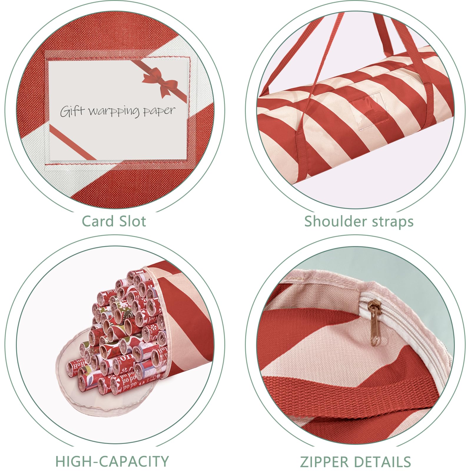 Premium Christmas Wrapping Paper Organizer - Gift Wrap & Holiday Decorations Storage Bag with Round Red Stripe Design - Perfect for Organizing Xmas, Birthday & Party Supplies (Ideal for Home, Office & Craft Room Organization)