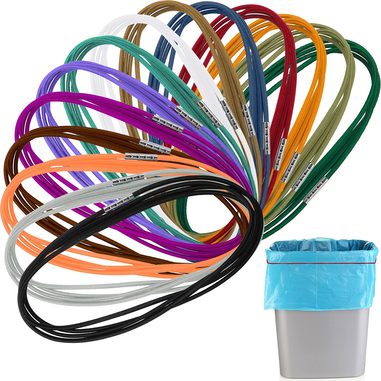 14-Piece 4.9-Foot Elastic Trash Can Bands for 30-64 Gallon Garbage Cans - Colorful Rubber Bands for Outdoor Trash Cans, Litter Boxes & Waste Bins (14 Vibrant Colors) - Secure Lids & Prevent Spills in Backyards, Parks & Camping