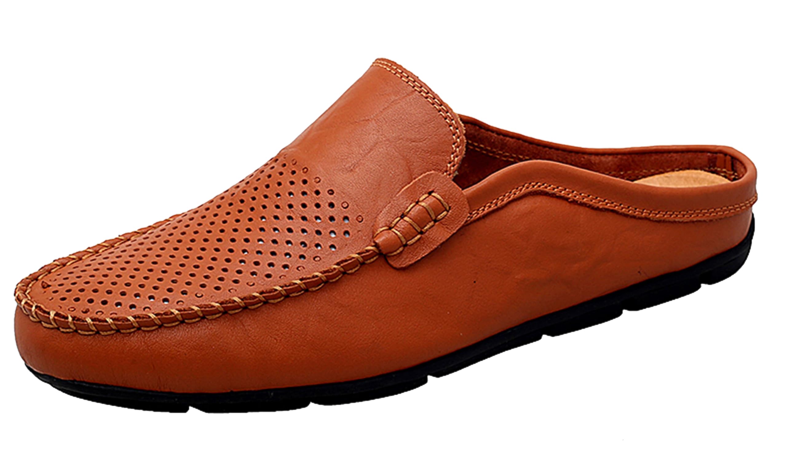 **Men's Leather Mules Clog Slippers - Breathable Punching Design Slip-On Loafers for Casual Wear | Perfect for Home, Office & Travel**