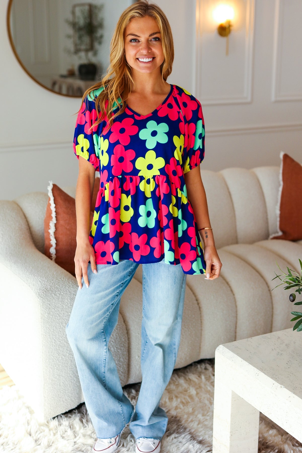 Haptics Navy Blue Floral Print Bubble Sleeve Babydoll Raglan Top - Casual Chic Blouse for Women, Perfect for Date Nights & Summer Outfits
