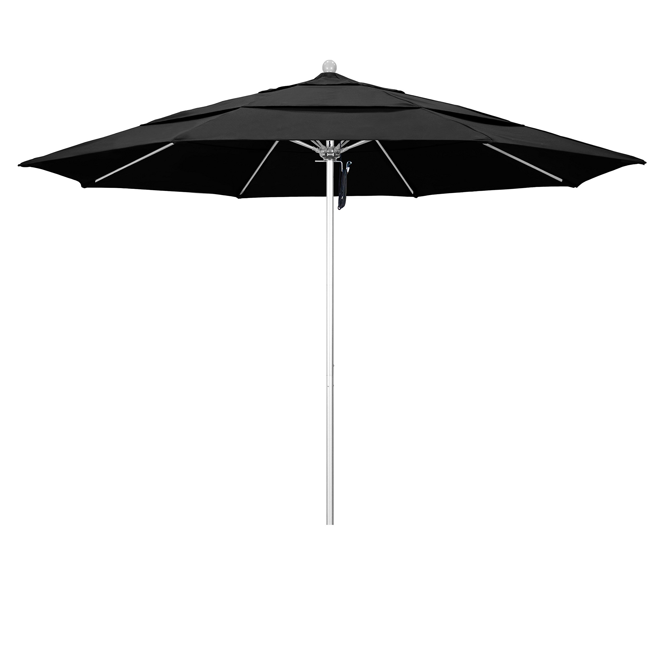 California Umbrella 11' Round Venture Series Commercial-Grade Patio Umbrella with Pulley Lift System - Silver Finish & Black Olefin Fabric for Outdoor Dining, Poolside Lounging, and Backyard Entertaining