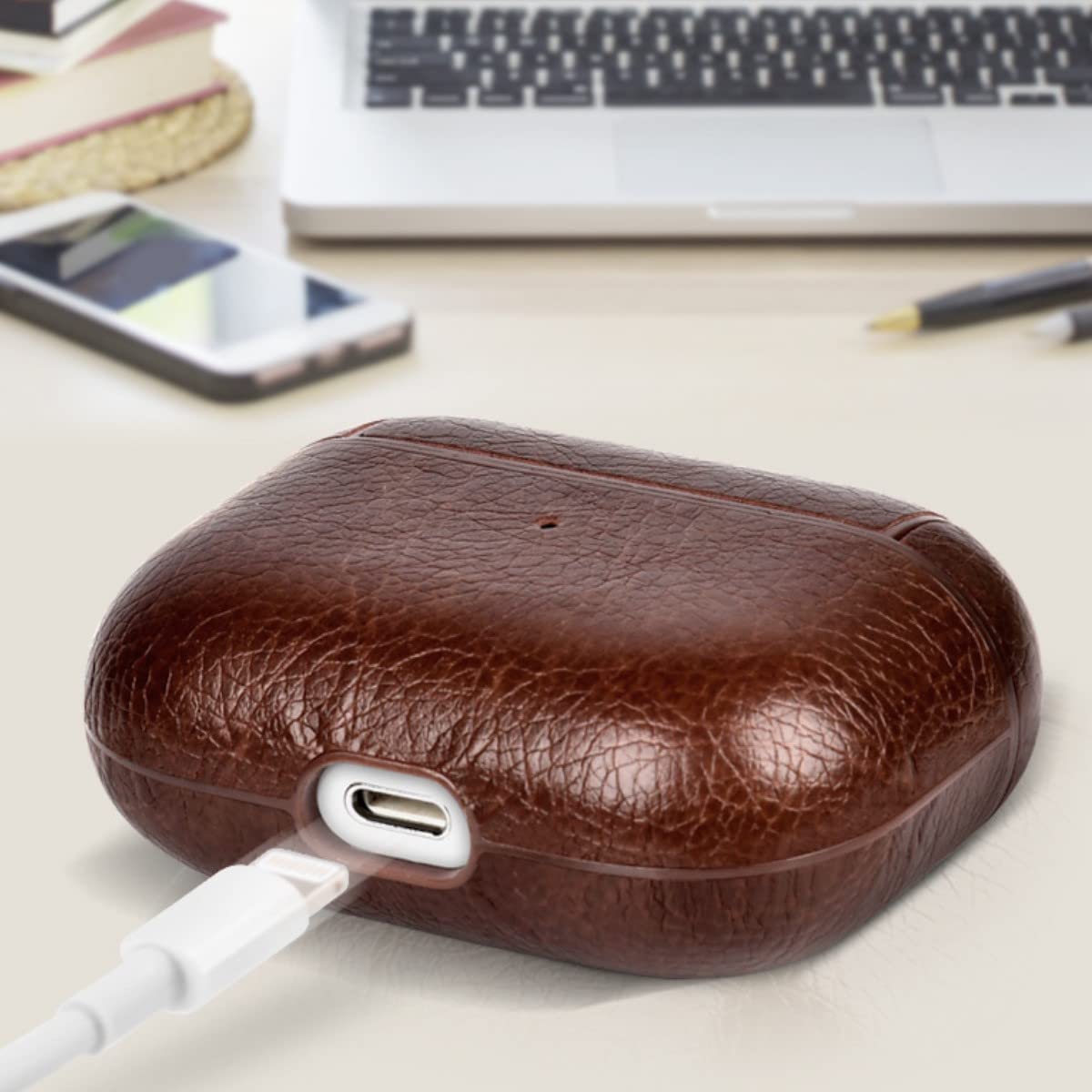 Premium KARLOR PU Leather Protective Case for Apple AirPods Pro 2 (2022) - Wireless Charging Compatible, LED Visible, with Hook - Brown Headphone Cover for Gym, Travel & Daily Use