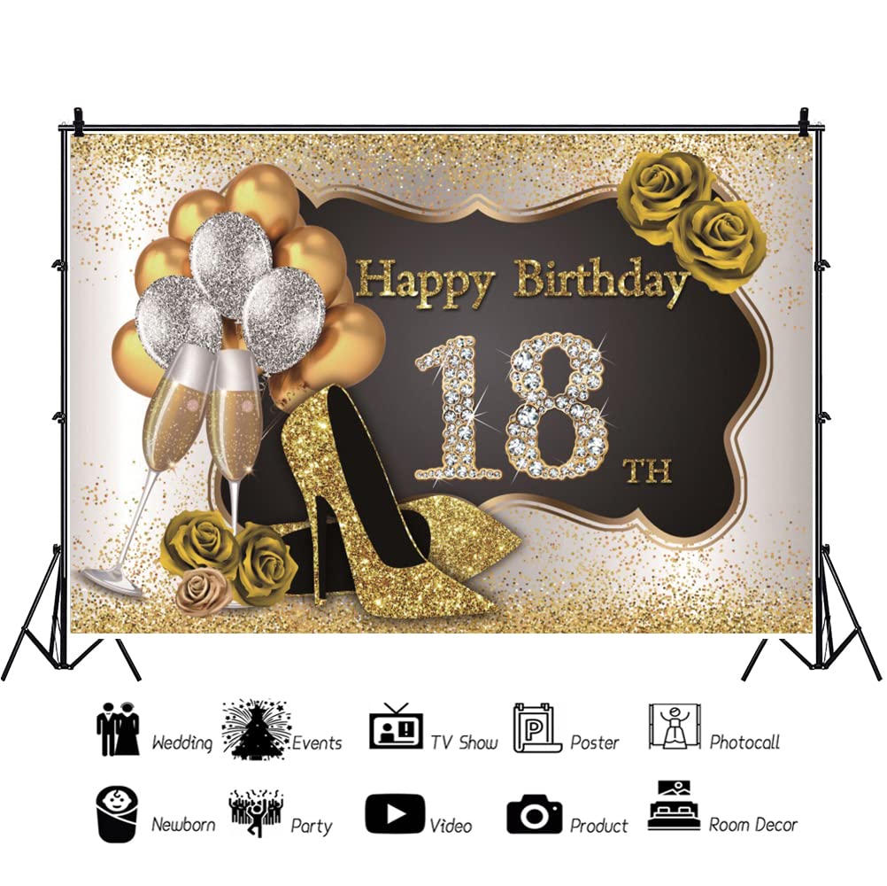 6x4ft Happy 18th Birthday Backdrop - Luxury Gold & Black Glitter Photography Background with Glitter Heels, Roses, Diamonds & Sequins - Perfect for Girls Party Decor, Photo Studio Props & Portrait Sessions