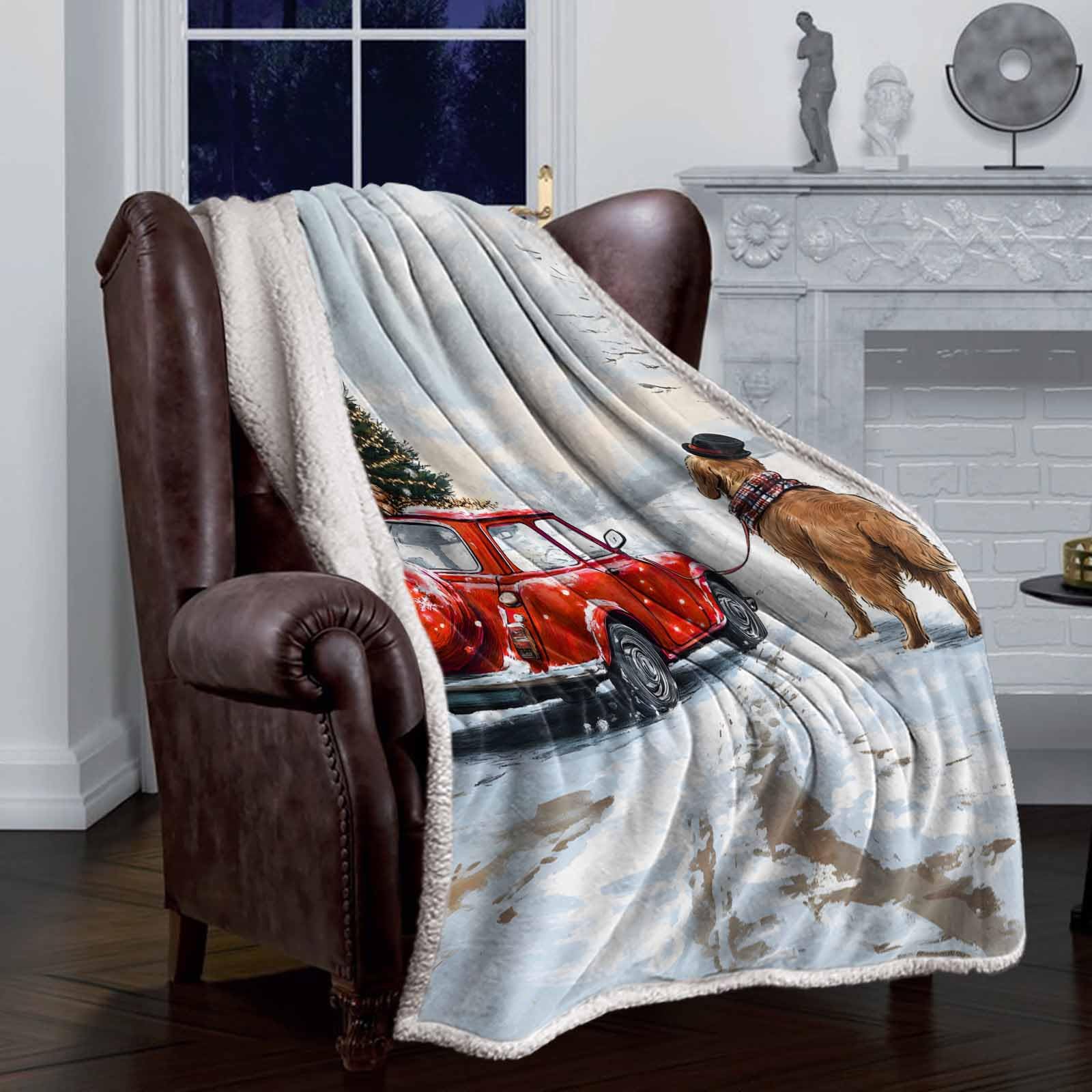Sherpa Fleece Throw Blanket - Red Christmas Truck & Dog Design - Ultra Soft Cozy Flannel Blanket for Couch, Sofa & Bed - 59x79 Inch All-Season Warm Blanket - Perfect for Winter Nights, Holiday Decor & Cozy Home Comfort