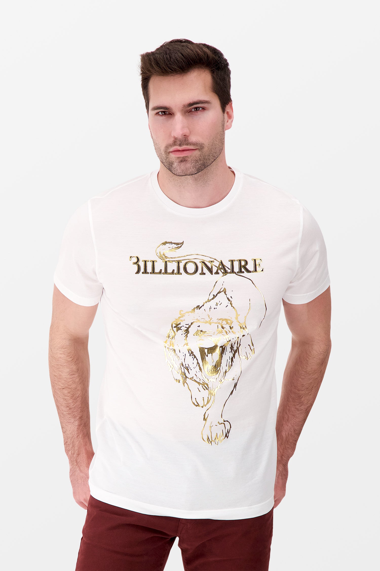 Billionaire White Short Sleeve Lion Print Round Neck T-Shirt for Men - Casual Streetwear & Summer Fashion