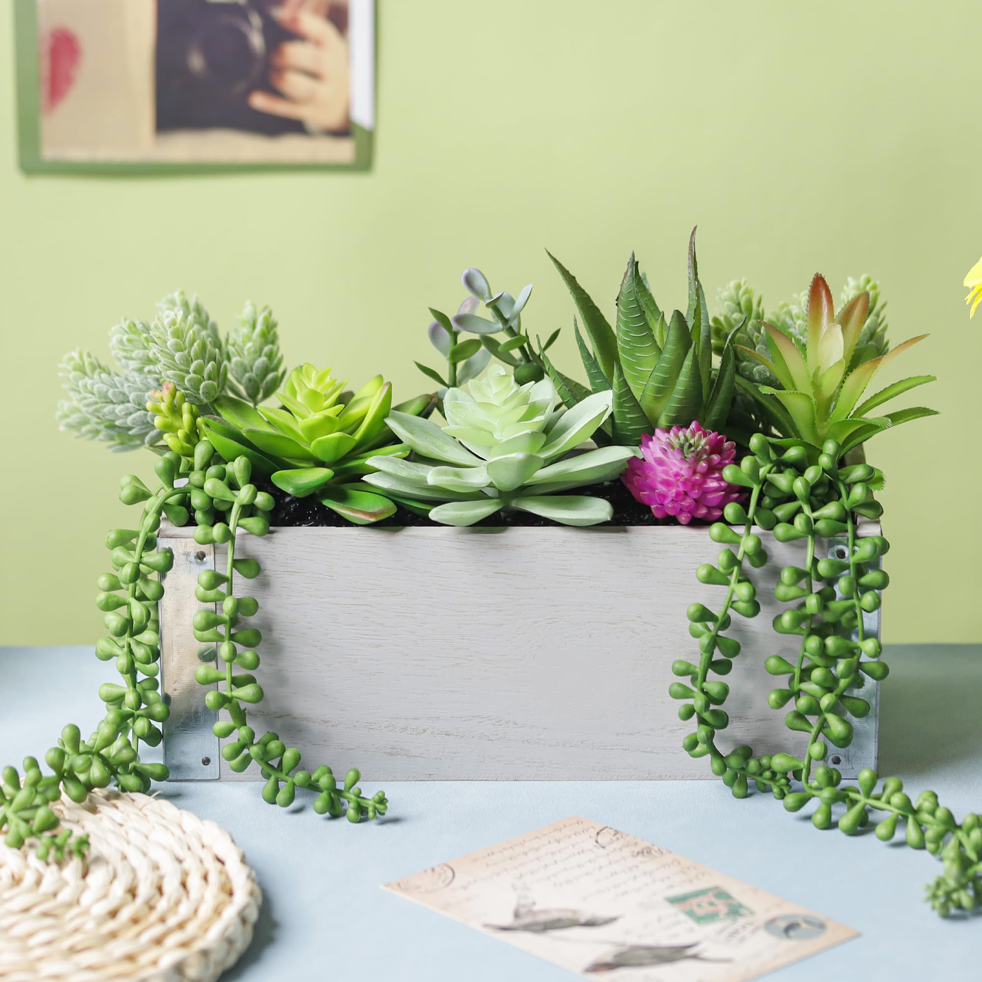 10 Pcs Artificial Succulent Plants in Rectangular Wooden Pots - Fake Farmhouse Decor for Dining Table, Coffee Table Centerpiece, Windowsill & Shelf Decoration - Home & Office Greenery Decor