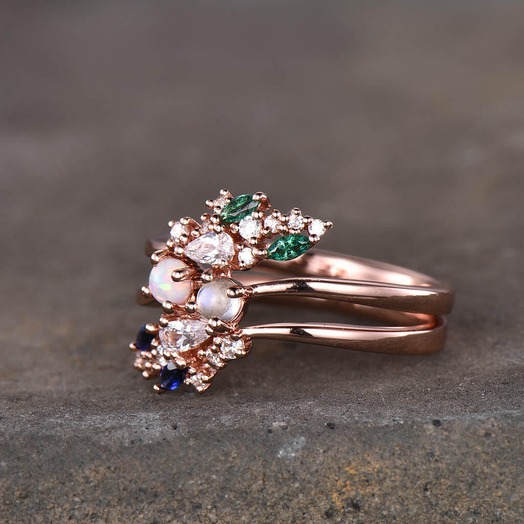 Exquisite Curved Opal Sapphire Moissanite Emerald Diamond Engagement Ring Set in Rose Gold - 2 Piece Bridal Jewelry for Weddings, Anniversaries & Special Occasions