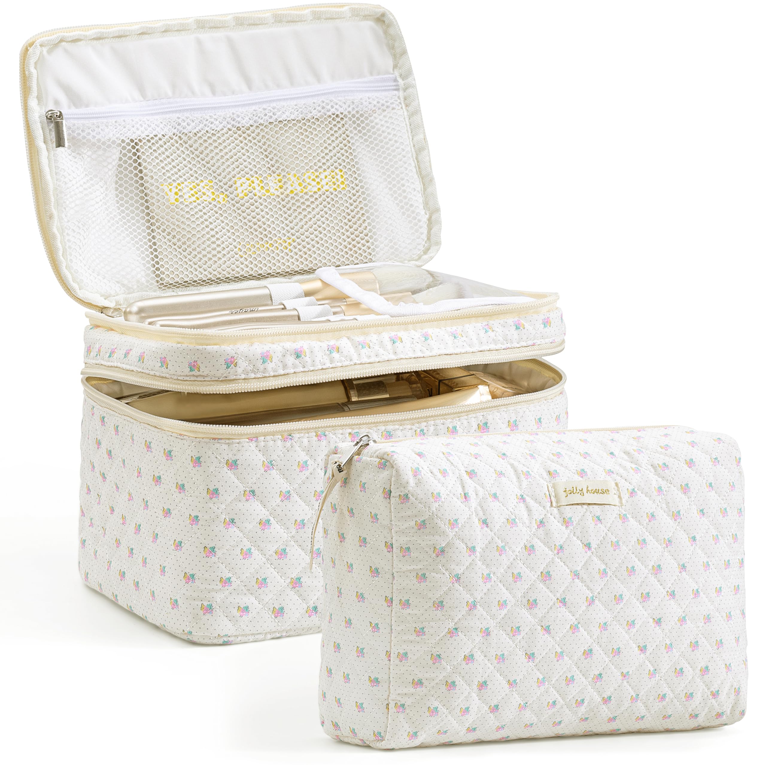 HBselect 2Pcs Double Layer Travel Makeup Bag for Women - Large Quilted Cosmetic Organizer with Cherry Print, Cute Kawaii Toiletry Bag for Girls | Perfect for Vacation, Gym & Daily Essentials Storage