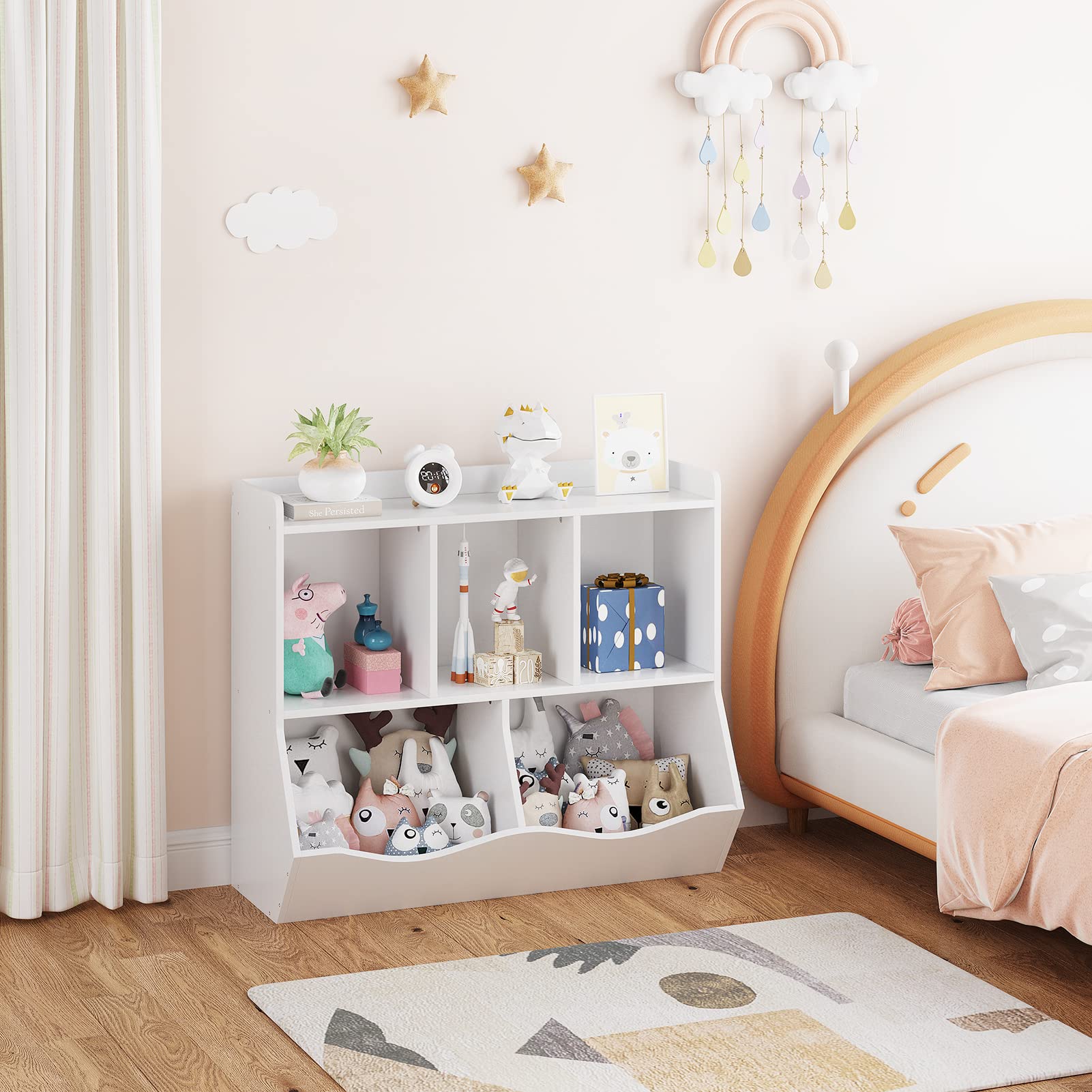 GAOMON Kids Bookcase with Toy Storage - 5-Tier Bookshelf Organizer for Boys & Girls, White Nursery & Playroom Furniture - Perfect for Bedrooms, Classrooms, Daycare Centers & Kindergarten Storage