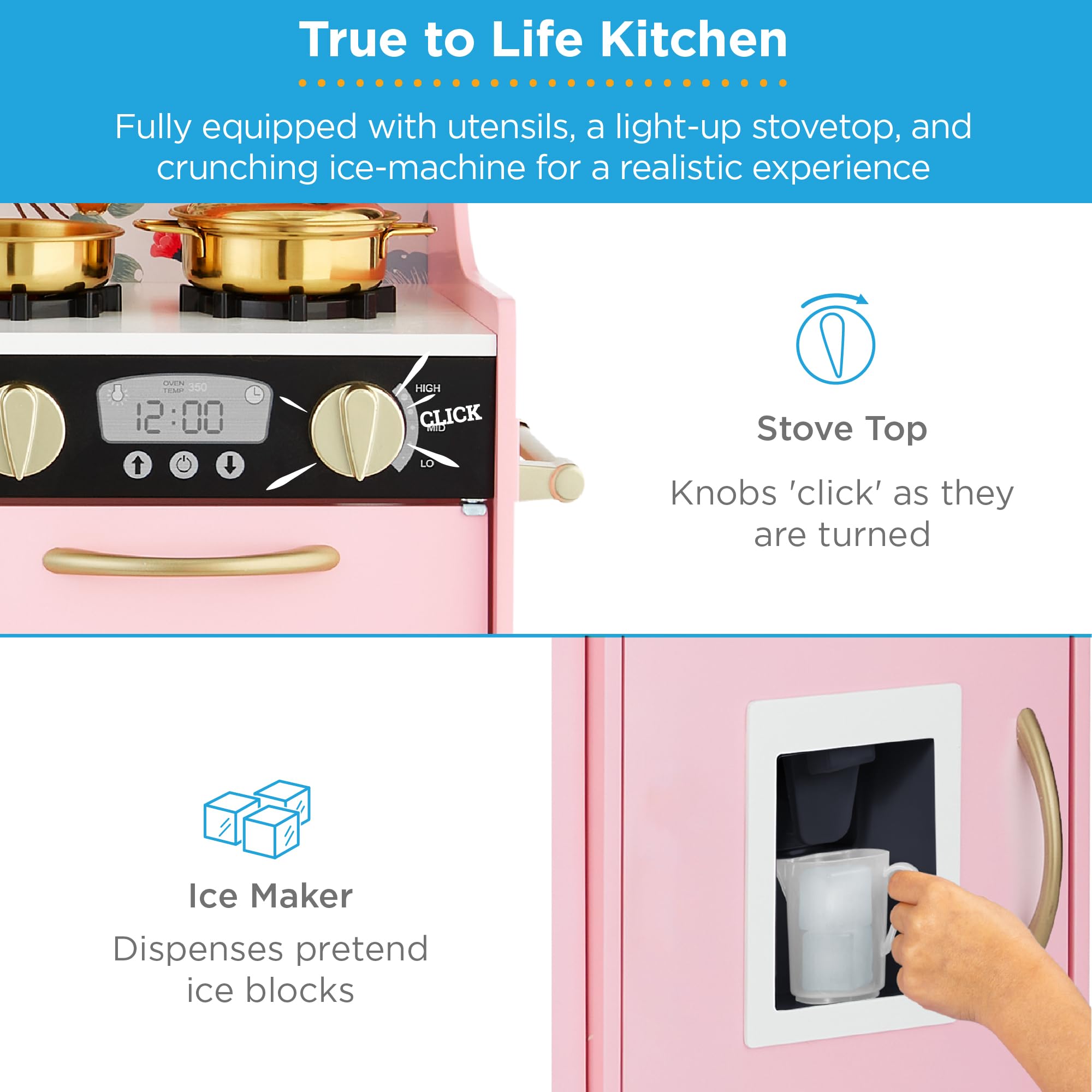 Best Choice Products Wooden Pretend Play Kitchen Toy Set for Kids - Realistic Design with Telephone, Utensils, Oven, Microwave & Sink - Pink Floral - Perfect for Imaginative Play, Role-Playing & Early Learning Development