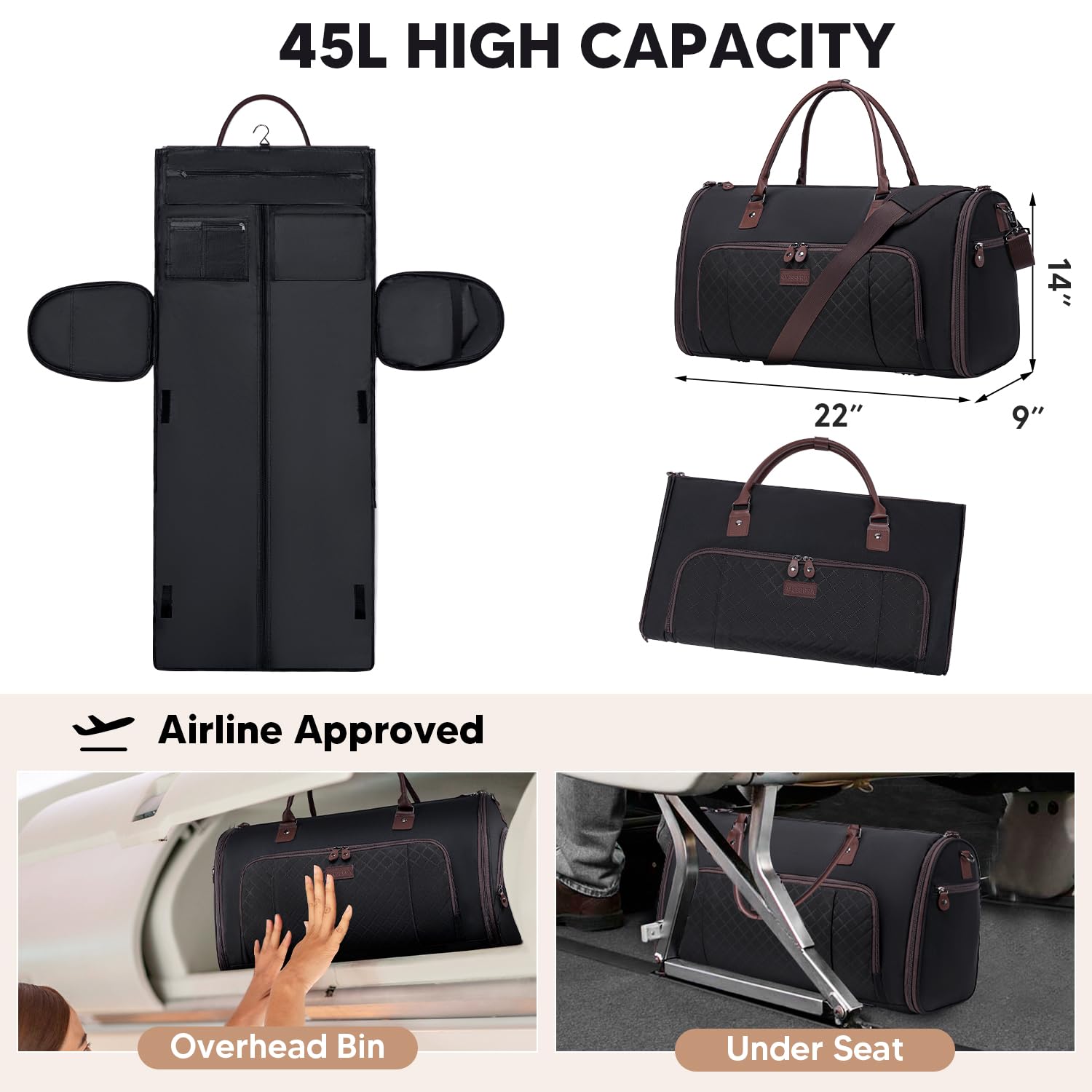 2-in-1 Convertible Travel Garment Bag with Detachable Shoulder Strap & Shoe Compartment - Waterproof Carry On Duffle for Business Trips, Weddings & Formal Events (Black) - Perfect for Air Travel, Office Commute & Weekend Getaways
