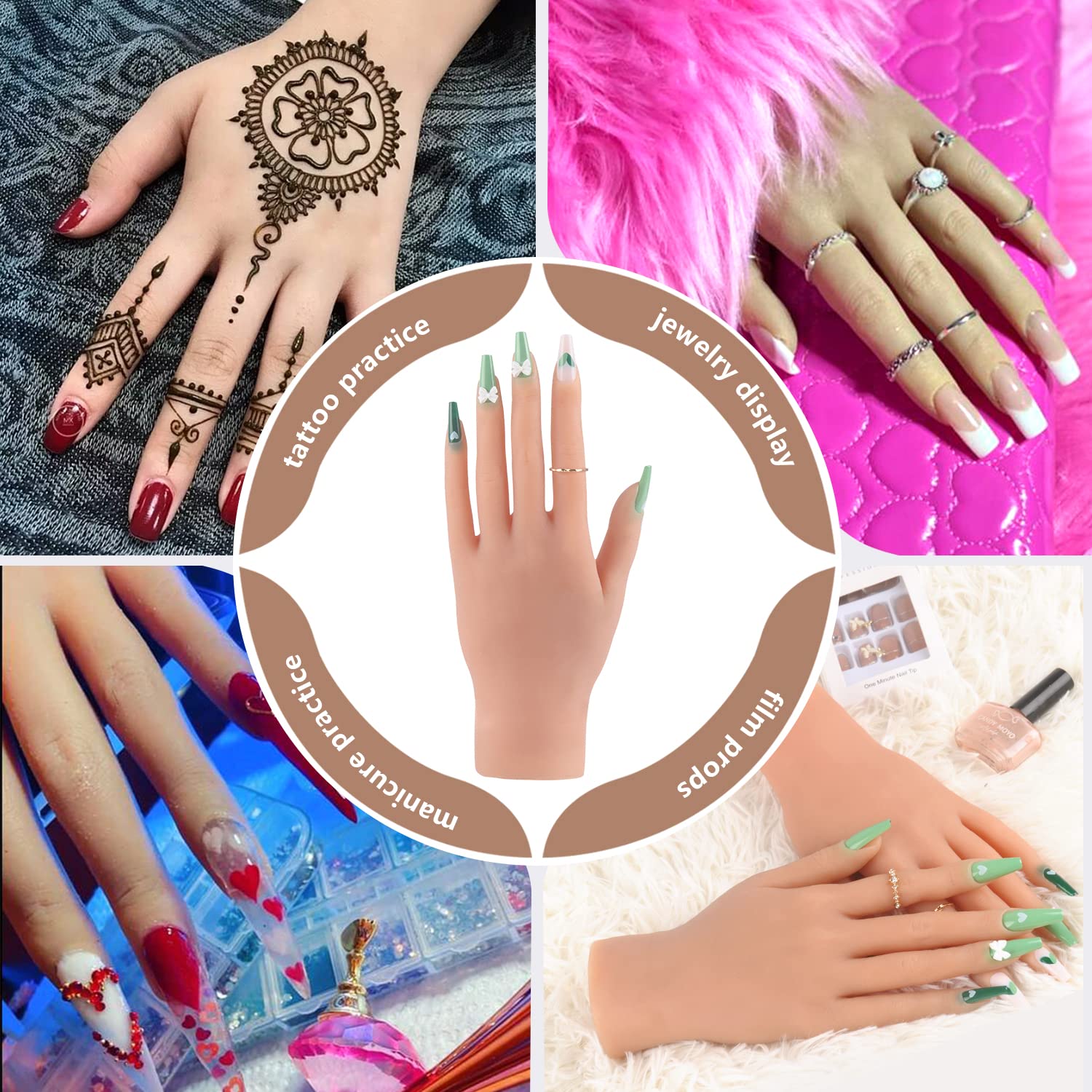Professional Acrylic Nail Practice Hand - Realistic 22cm Flexible Silicone Mannequin Hand with 528PCS Nails for Nail Art Training, Jewelry Display & Ring Photography (Right Hand, Bronze) - Perfect for Salon Students, DIY Enthusiasts & Jewelry Sellers