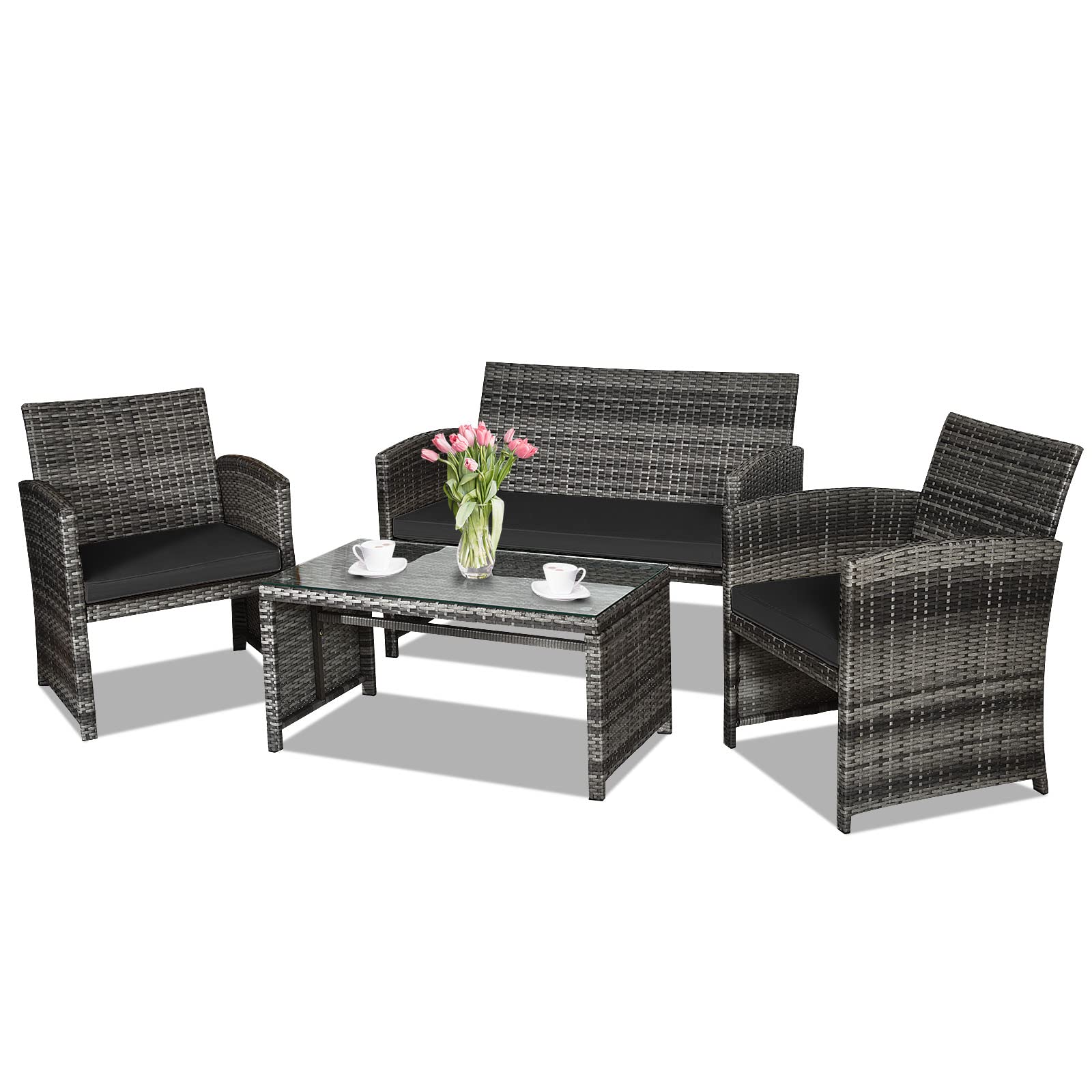 Goplus 4-Piece Black Rattan Patio Furniture Set - Outdoor Wicker Conversation Sofa with Weather-Resistant Cushions & Tempered Glass Tabletop - Perfect for Lawn, Backyard, Poolside, Garden & Patio Relaxation