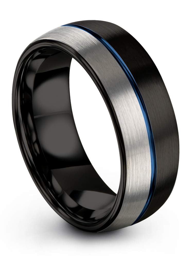 8mm Tungsten Carbide Wedding Band Ring for Men & Women - Blue Black Center Line, Dome Grey Exterior, Half Brushed Polished - Custom Engraved Anniversary & Engagement Ring - Perfect for Weddings, Proposals & Special Occasions