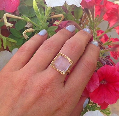 Clear Quartz Ring - April Birthstone Jewelry - Square Crown Gold Ring - Genuine Gemstone Promise Ring - Vintage Style Wedding Band for Women - Perfect for Anniversary Gifts & Everyday Elegance
