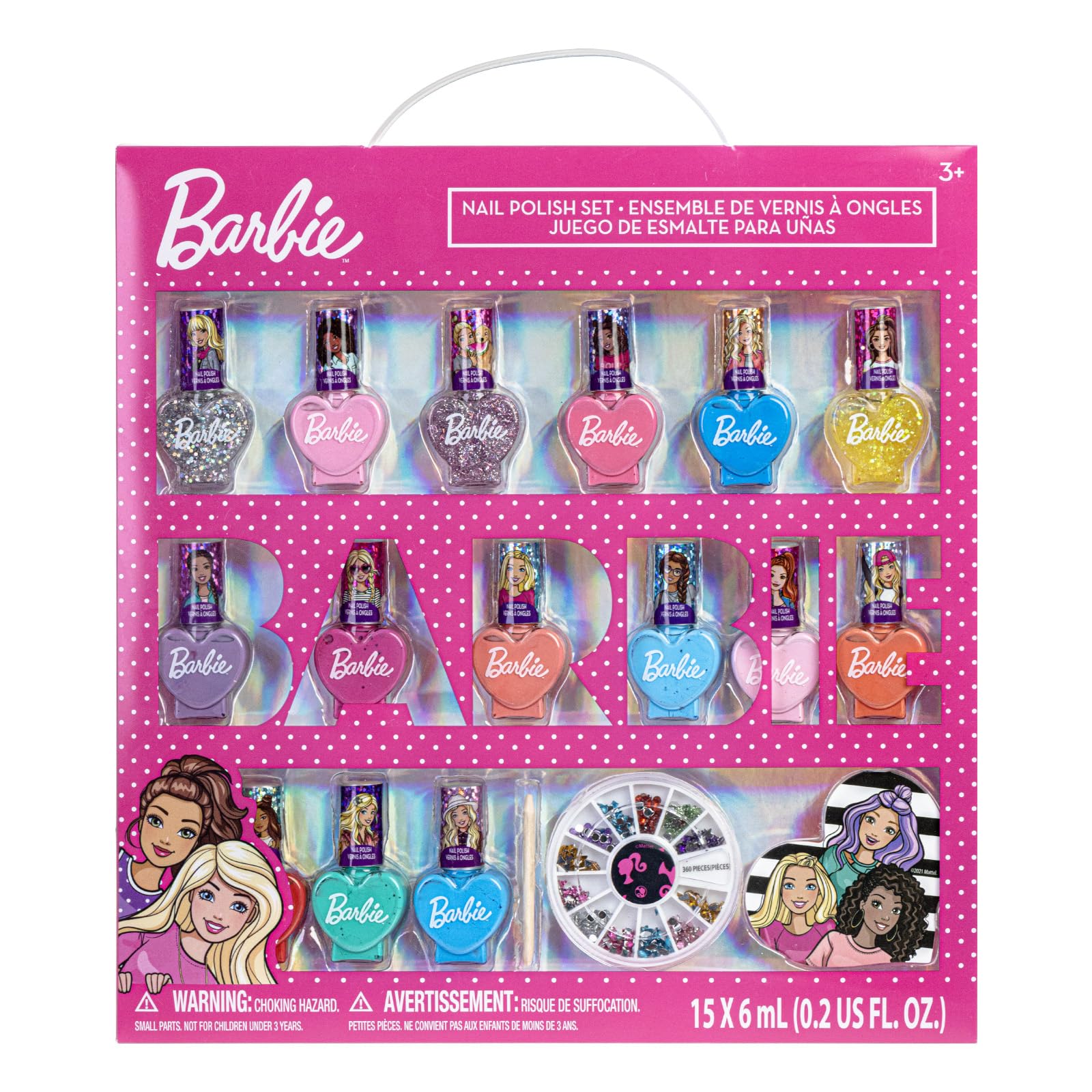 Barbie Movie 18-Piece Kids Water-Based Nail Polish Kit with Nail Gems Wheel & Nail File - Non-Toxic Nail Art Set for Girls, Perfect for Birthday Parties, Sleepovers, Spa Days & Pretend Play - Townley Girl Makeup Activity Set