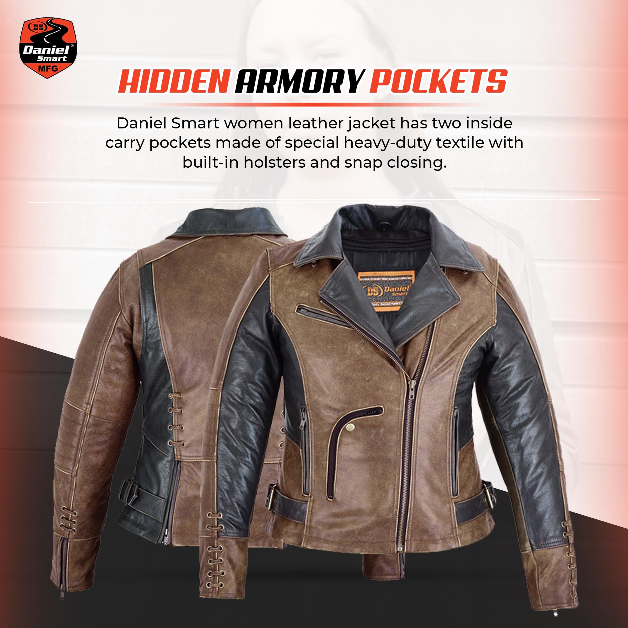 Daniel Smart Women's Motorcycle Jacket - Premium Biker Leather Jacket with Grommet Detailing, Lace Design & Armory Pocket for Riding, Fashion & Outdoor Adventures