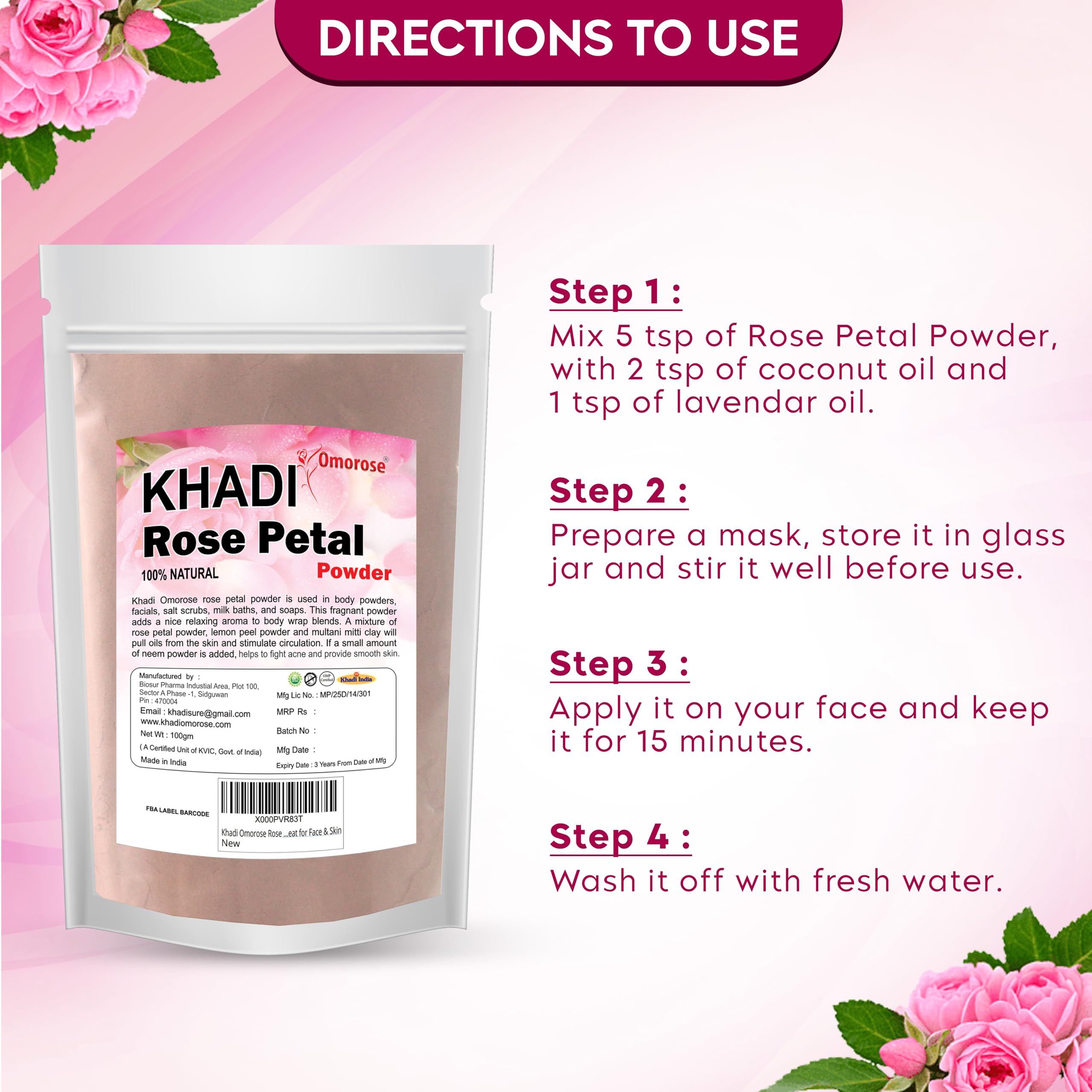 Khadi Omorose Rose Petal Powder for Face & Skin - 100% Natural, 100g | Brightening, Exfoliating & Soothing Facial Treatment for Glowing Skin | DIY Face Mask & Ayurvedic Skincare