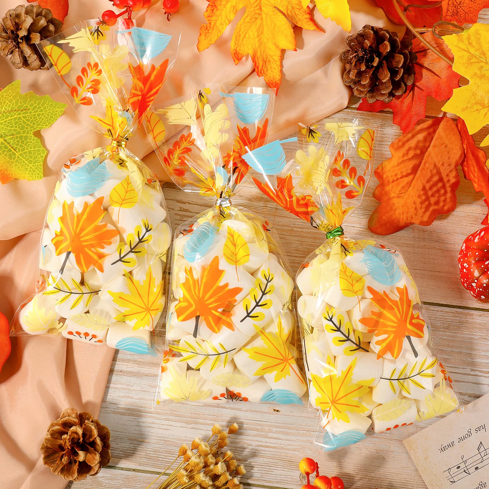 Whaline 120Pcs Autumn Maple Leaf Cellophane Bags with 150Pcs Twist Ties - Double Sided Thanksgiving Party Favor Bags for Candy, Chocolate & Cookies - Bulk Treat Bags for Fall Celebrations, Halloween, Thanksgiving & Christmas Gift Giving