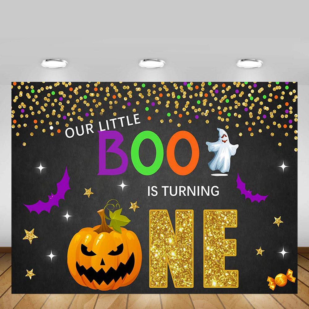 Happy 1st Birthday Halloween Thanksgiving Party Backdrop - 7x5ft Black Gold Purple Pumpkin Dots Photo Background Banner with Confetti for Cake Table Decorations | Perfect for Baby's First Birthday, Halloween Celebrations & Thanksgiving Party Decor