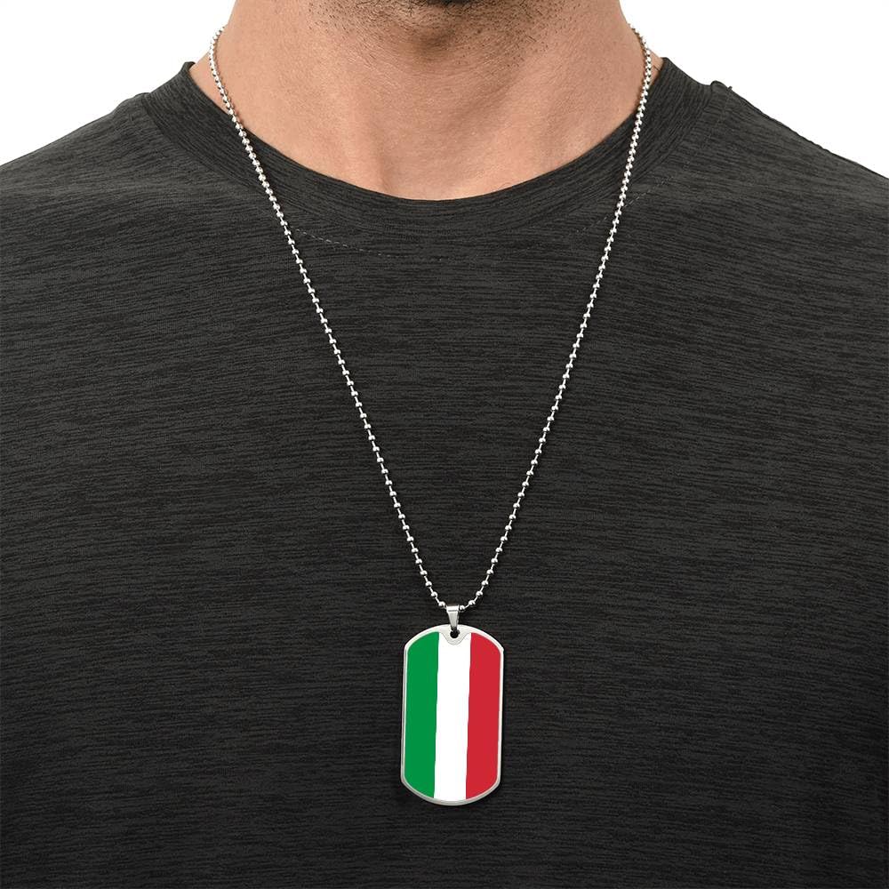 Italian Flag Dog Tag Necklace - Silver Military Chain with Glass Dome Pendant - 24