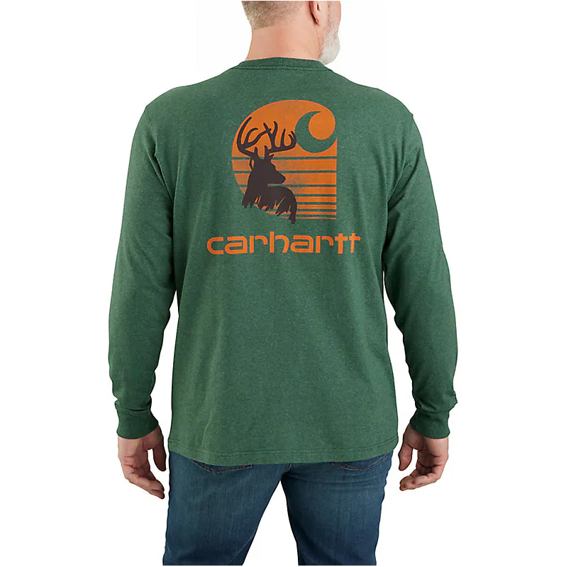 Loose Fit Heavyweight Long Sleeve Pocket T-Shirt with Deer Graphic in Frosted Balsam Heather - Perfect for Outdoor Adventures and Casual Wear