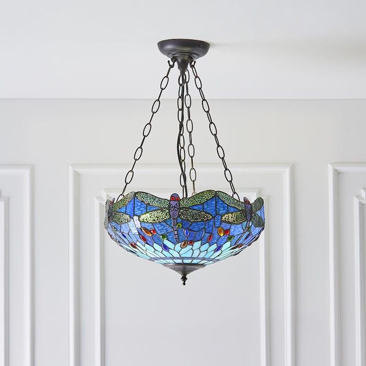 Blue Dragonfly Tiffany Ceiling Light - Elegant Inverted Medium Size Chandelier for Dining Room, Bedroom & Living Room Decor