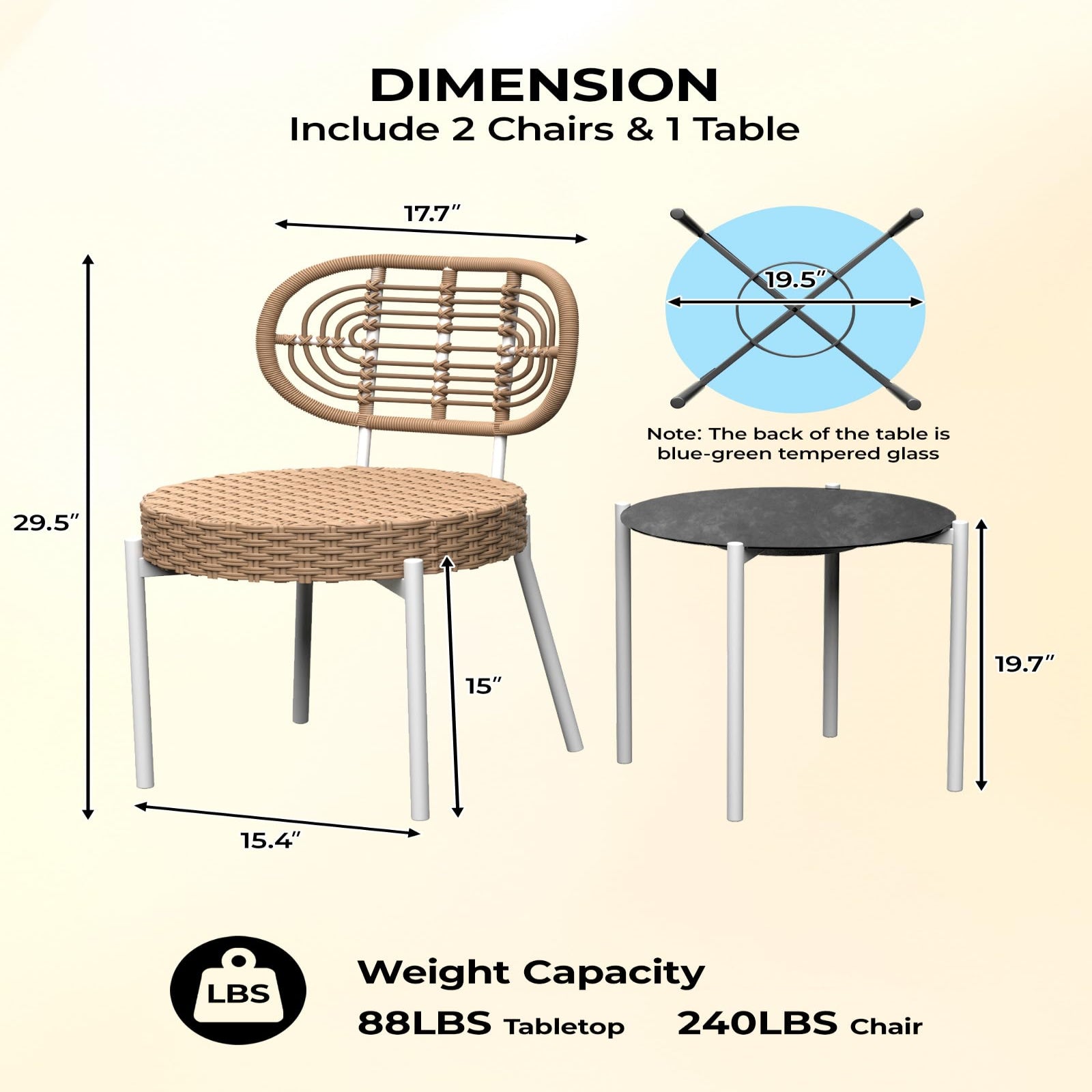 GARVEE 3-Piece Patio Bistro Set - Outdoor Wicker Chairs with Glass Table - Rattan Furniture for Patio, Deck, Backyard, Garden - White & Brown - Perfect for Small Spaces & Outdoor Dining