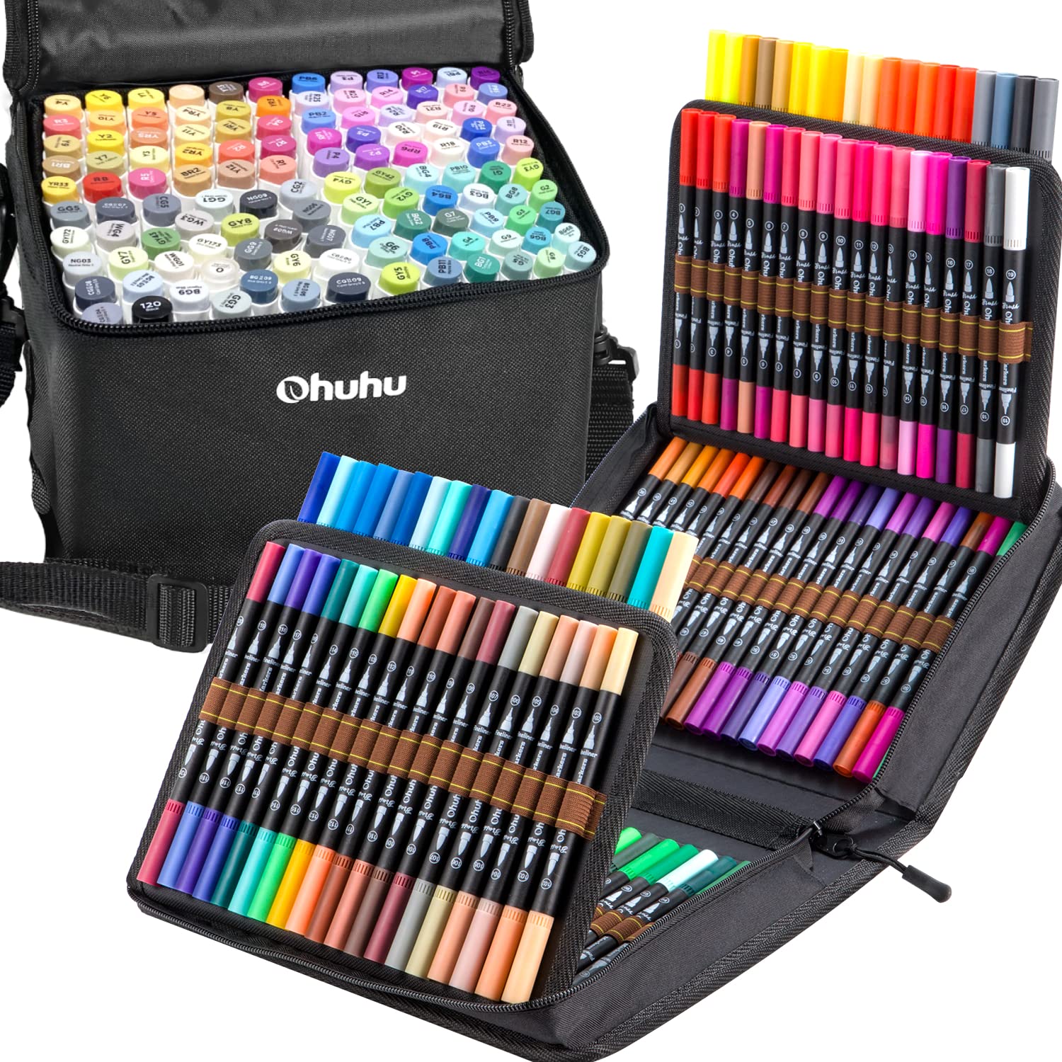 Ohuhu 120 Colors Dual Tip Alcohol Markers Set - Brush & Fine Tip Art Markers with 120 Unique Colors for Adult Coloring Books, Sketching, Bullet Journaling & Calligraphy - Ideal for Artists, Students & Craft Lovers
