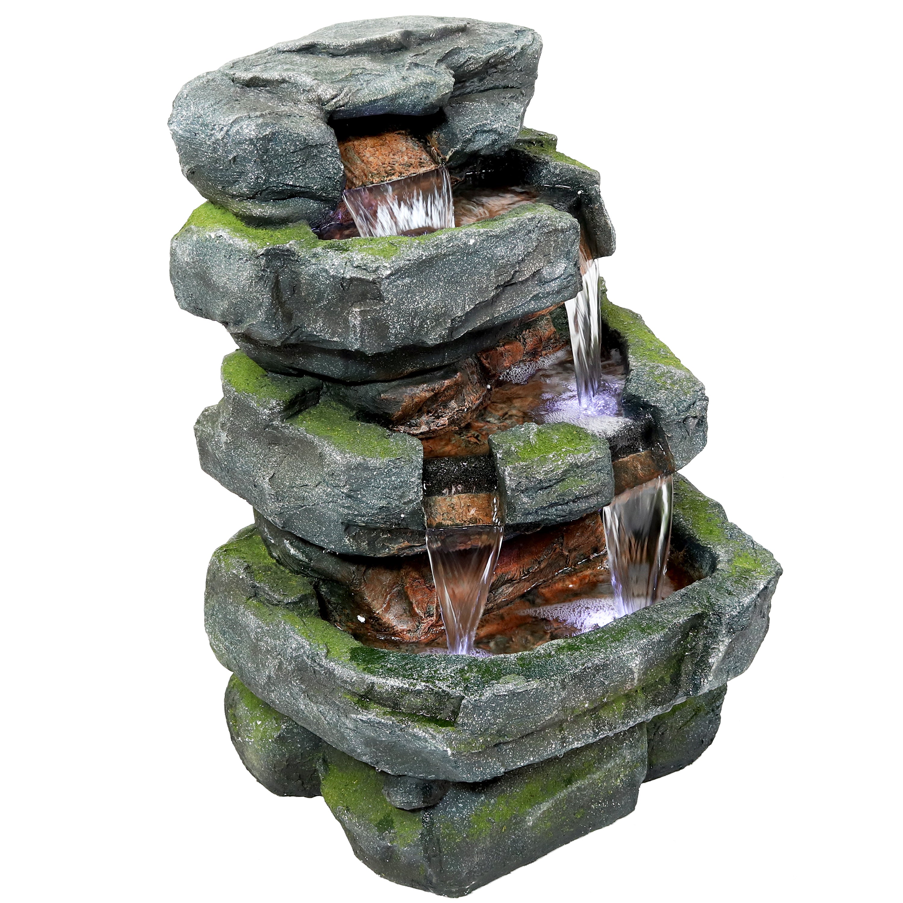 Sunnydaze Outdoor Electric 3-Tier Stone Waterfall Fountain with LED Lights - 23 Inch Height - Perfect for Garden, Patio, and Backyard Decor