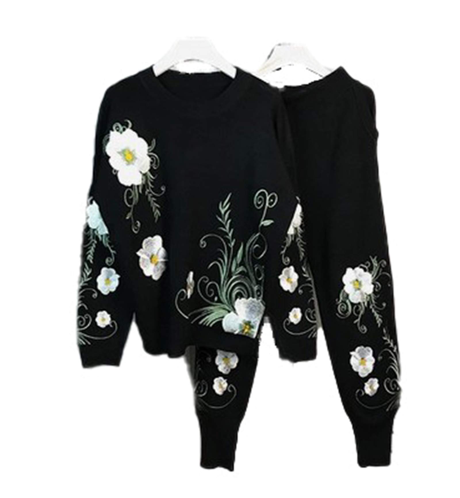 MNXOIA Women's Floral Embroidered Knit Sweater & Loose Trousers 2-Piece Lounge Set - Casual Outfit for Yoga, Travel & Home Comfort