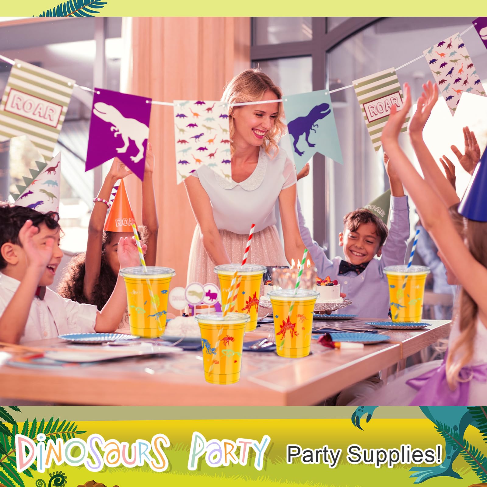 50 Pcs Dinosaur Themed 12oz Plastic Cups with Lids & Straws - Disposable Kids Party Cups for Birthday Decorations, Dinosaur Party Favors, and Outdoor Picnics