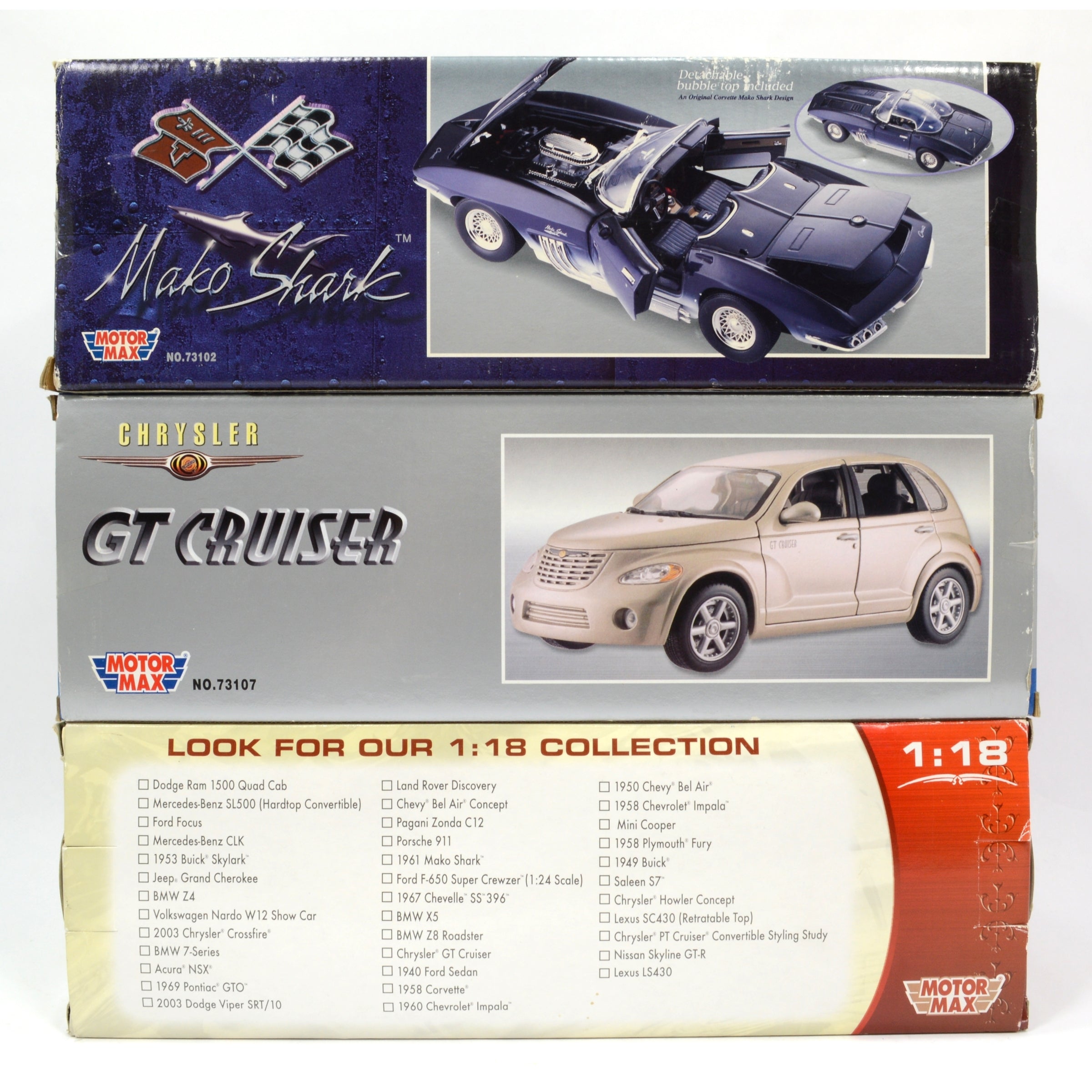 3-Pack MOTOR MAX Diecast Cars 1:18 Scale - '61 Mako Shark & '60 Impala GT Cruiser - Collectible Model Cars for Display & Racing Enthusiasts