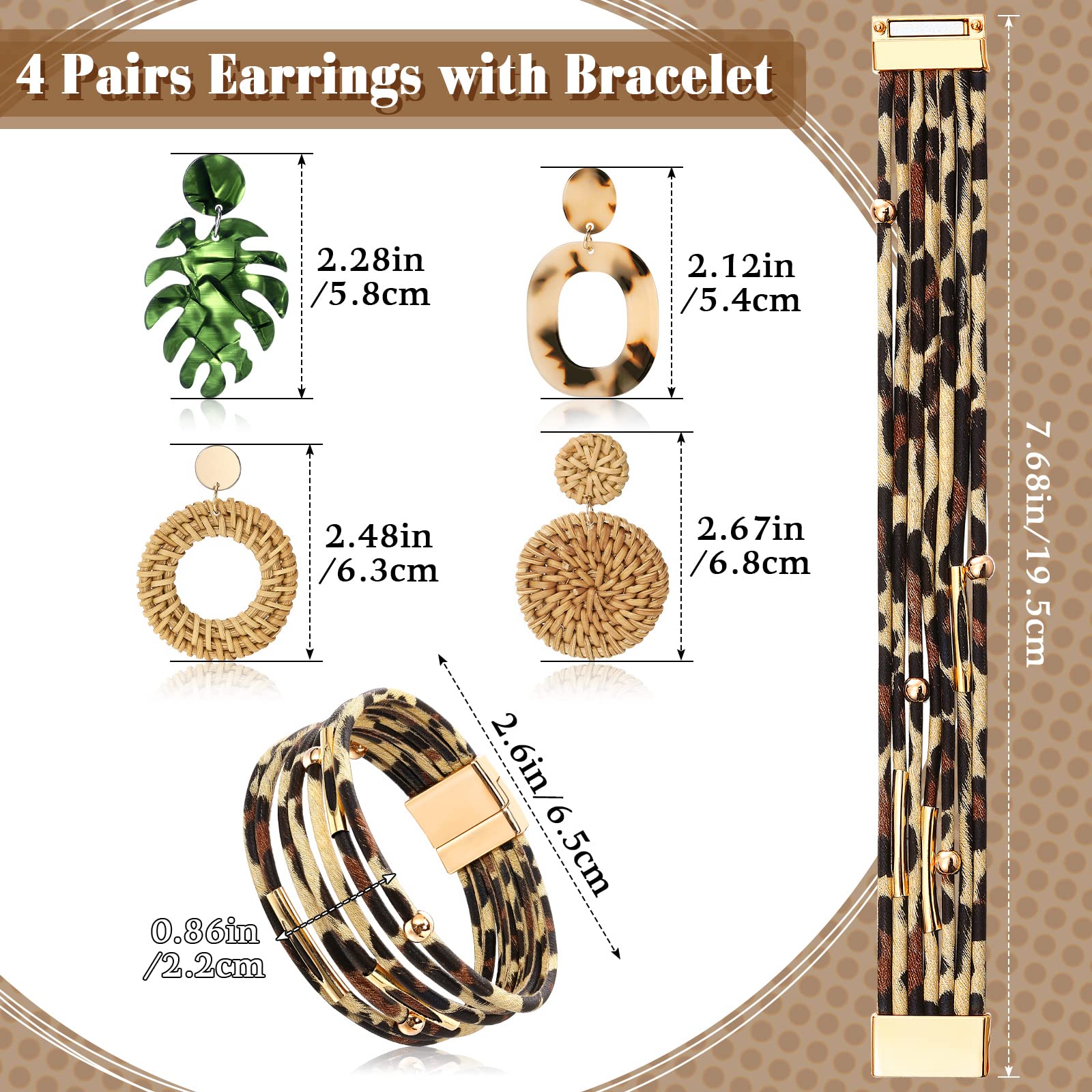 Boho Straw Shoulder Bag for Women - Crossbody Beach Purse Set with 4 Rattan Tropical Earrings & Leopard Bracelet - Perfect for Vacation, Summer Outings, and Boho Fashion Accessories