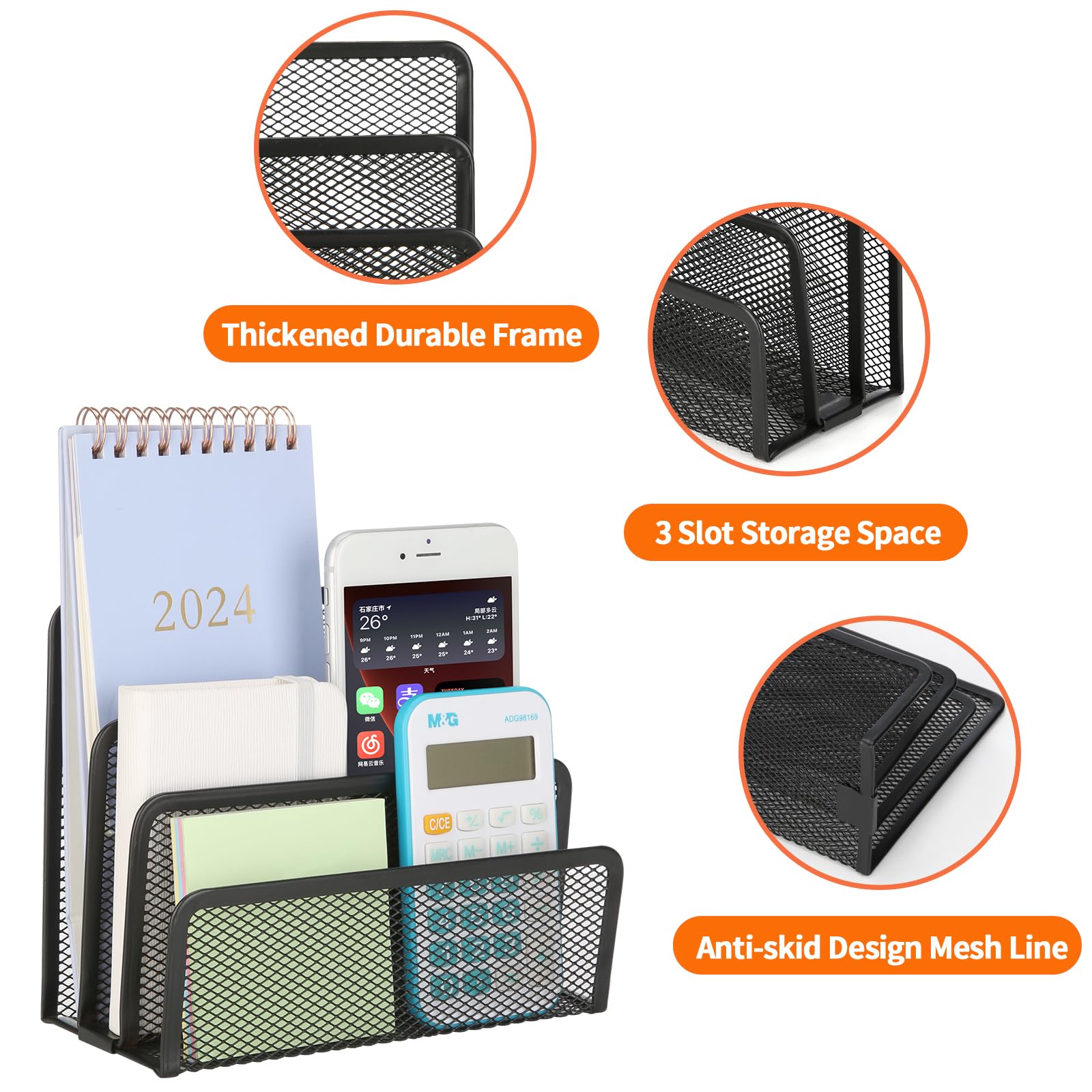 2-Pack Black Metal Mesh Desk Mail Organizer - Small File Holder for Letters, Bills, Documents, Folders & Paper - Perfect for Office, Home & School Desktop Organization