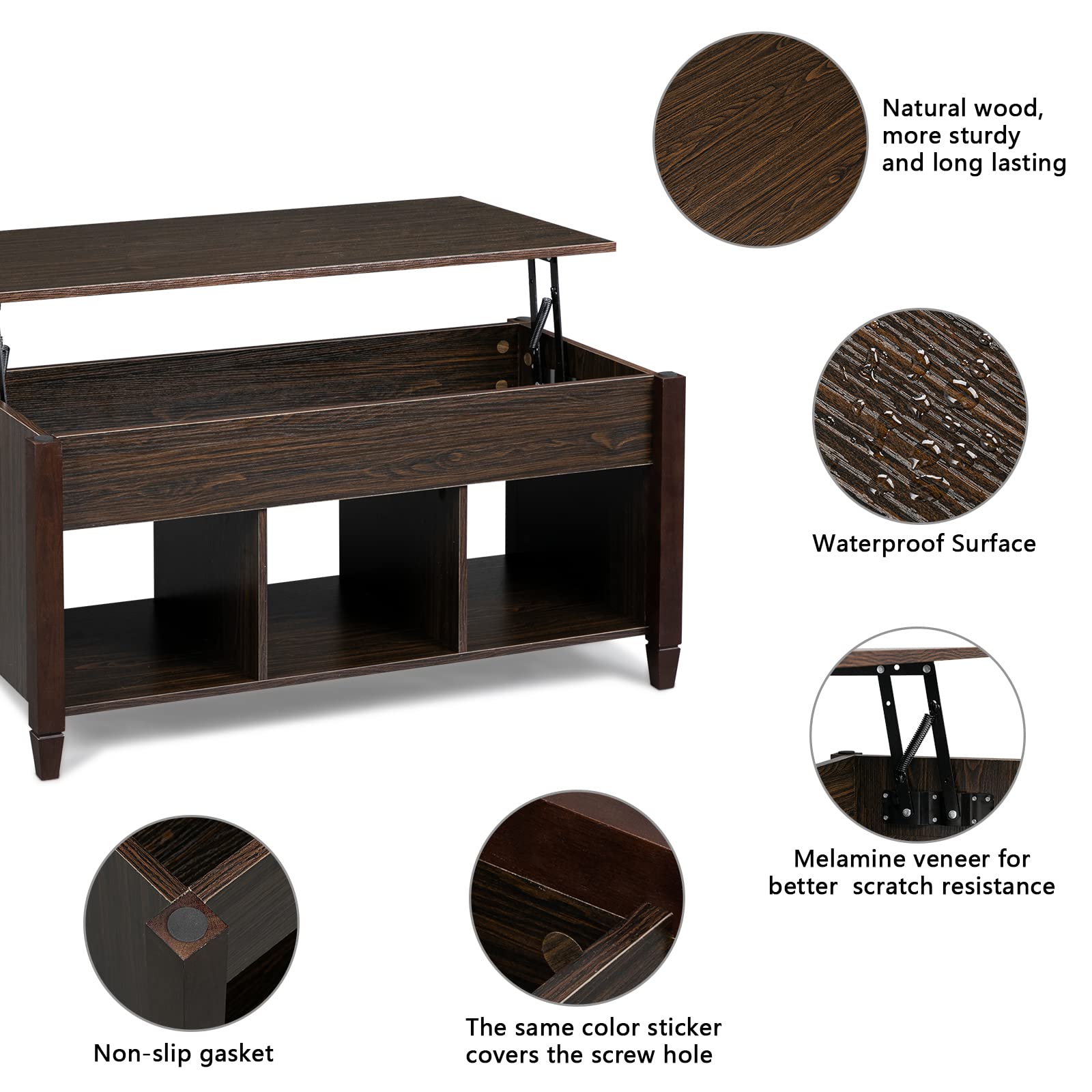 Lift Top Coffee Table with Hidden Storage - Modern Adjustable Wooden Center Table with 3 Cube Open Shelves, Raisable Top for Living Room, Bedroom, Office - Espresso Brown