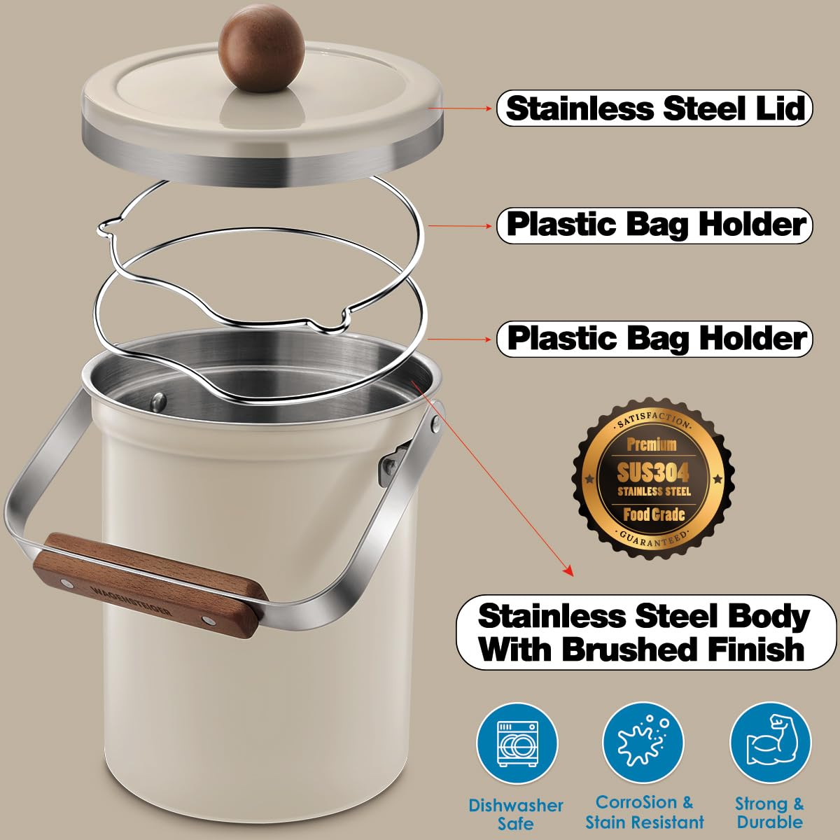 **3L Stainless Steel Compost Bin with Airtight Lid - 101oz Odor-Free Kitchen Countertop Food Waste Container, Wooden Handle & Stylish Design for Home, Office, or Bathroom (Off-White) - Perfect for Eco-Friendly Composting & Organic Waste Disposal**