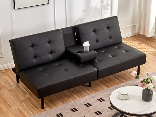 Black Faux Leather Sofa Bed with Cup Holders - Convertible Sleeper Sofa for Small Spaces, Living Room, Guest Room & Apartments