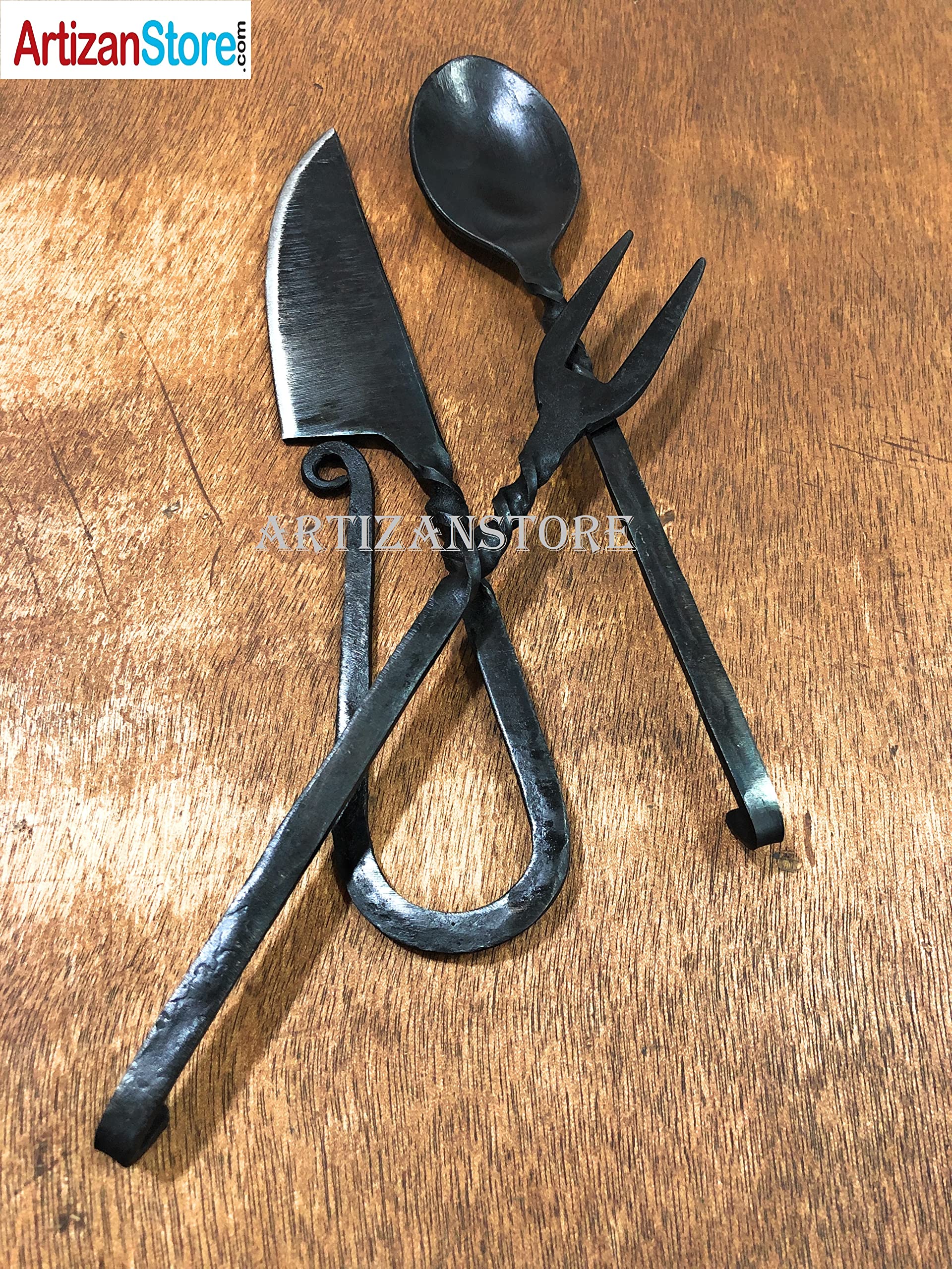 Hand-Forged Black Medieval 3-Piece Kitchen Utensil Set - Viking Cutlery with Knife, Spoon & Fork - Rustic Dinnerware for Home, Restaurant & Camping - Durable Kitchen Tools & Outdoor Essentials