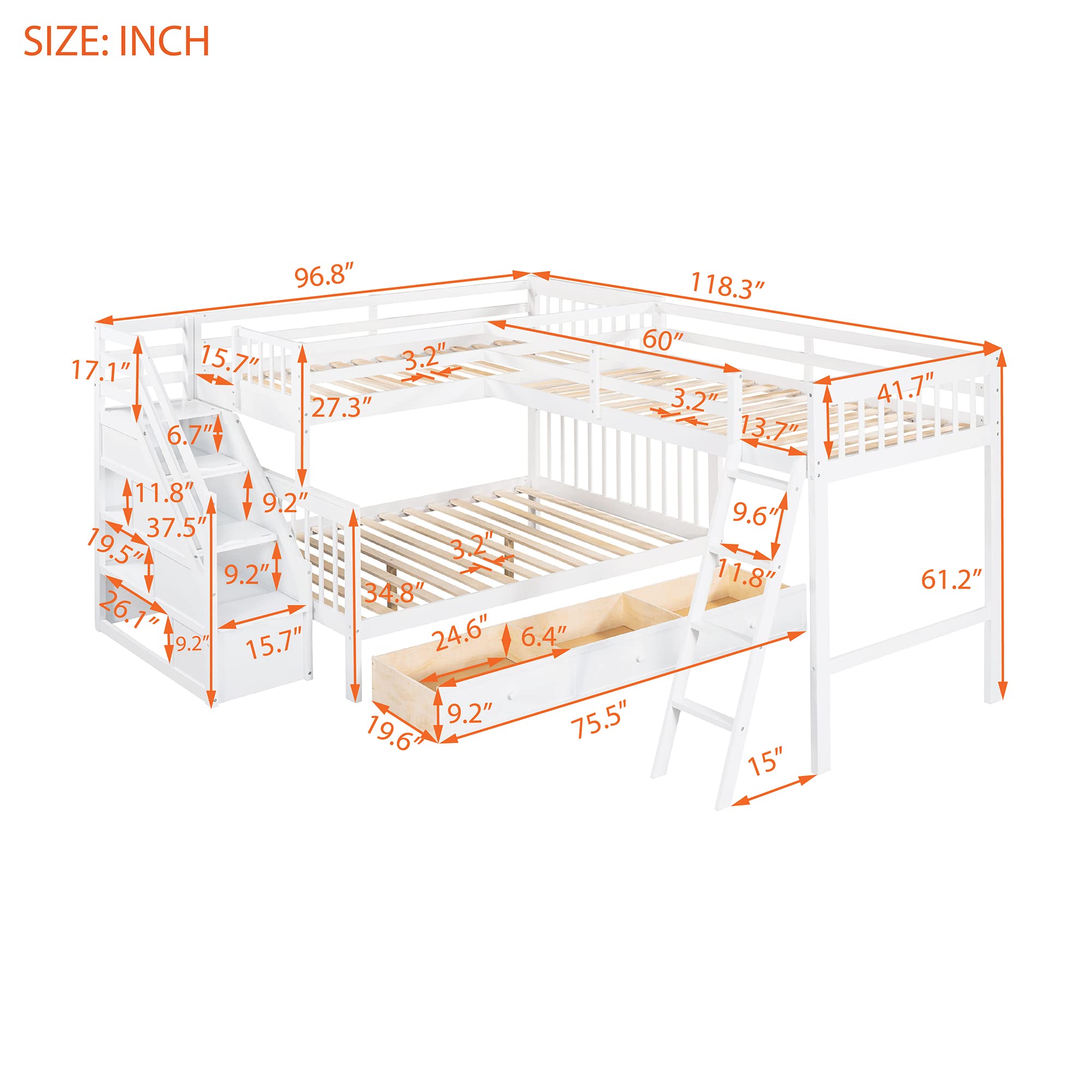**Twin Over Full L-Shaped Triple Bunk Bed for Kids & Teens - Wooden Corner Bunk Bed with Stairs & Ladder, 3 Storage Drawers, White - Space-Saving Loft Bed for Small Rooms, Shared Kids' Bedrooms & Vacation Homes**