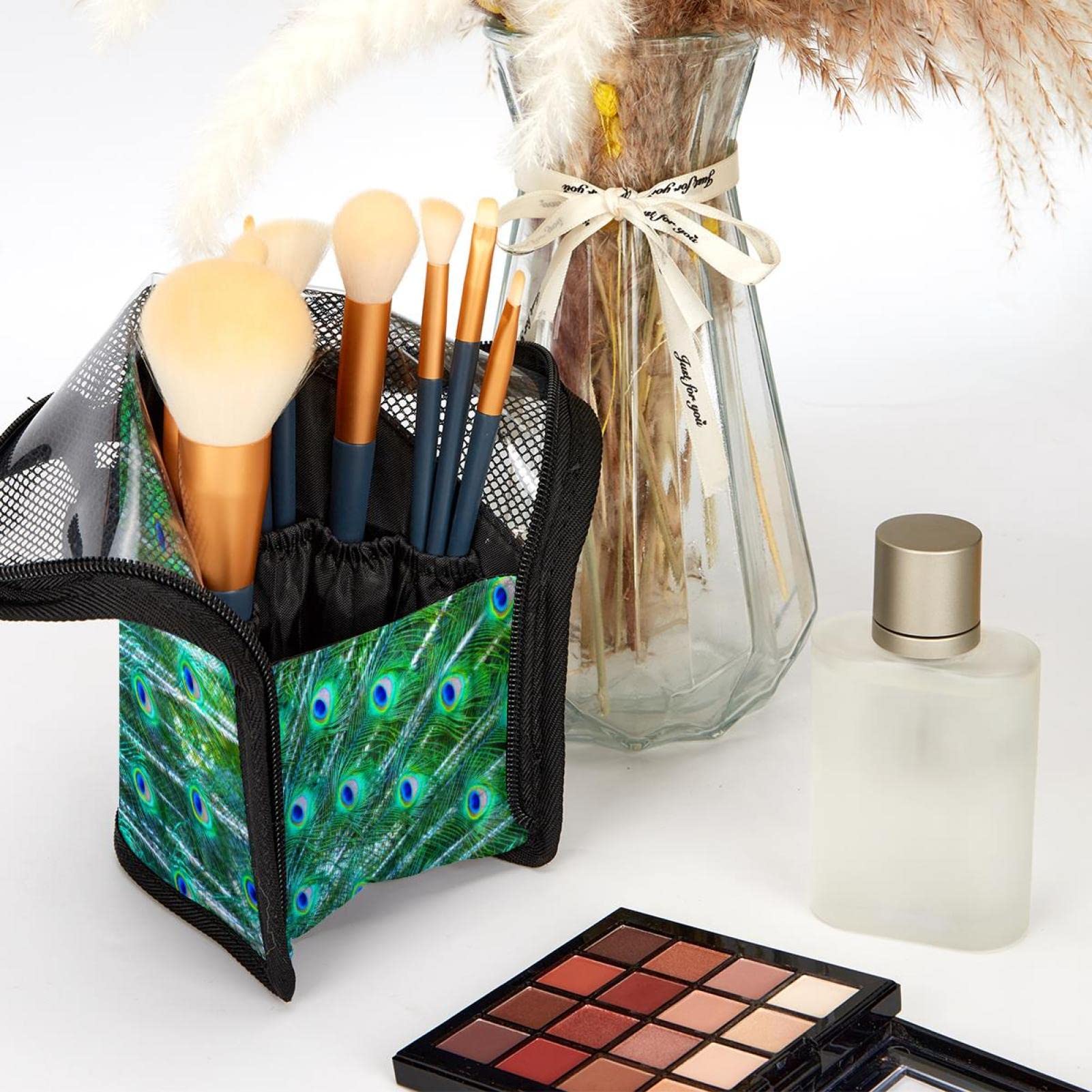 12-Piece Makeup Brush Organizer Bag with Colored Feather Peacock Design - Portable Cosmetic Brush Holder Case for Travel & Home Vanity Organization