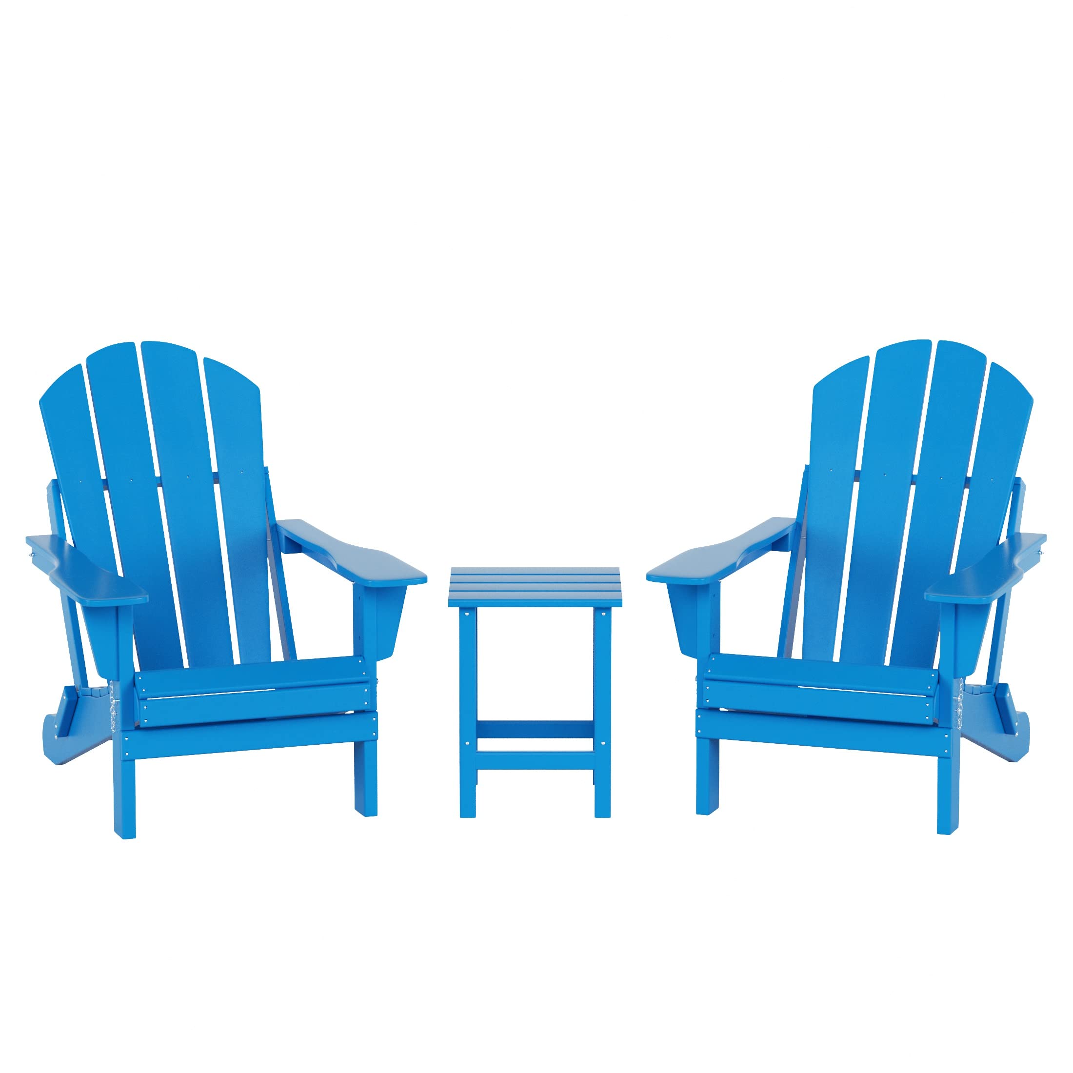 WO Home Furniture 3-Piece Adirondack Chair Set with Side Table - Outdoor Folding Chairs & End Table, Weather & UV Resistant - Perfect for Lawn, Garden, Bonfire, Balcony, Patio & Backyard (Pacific Blue)