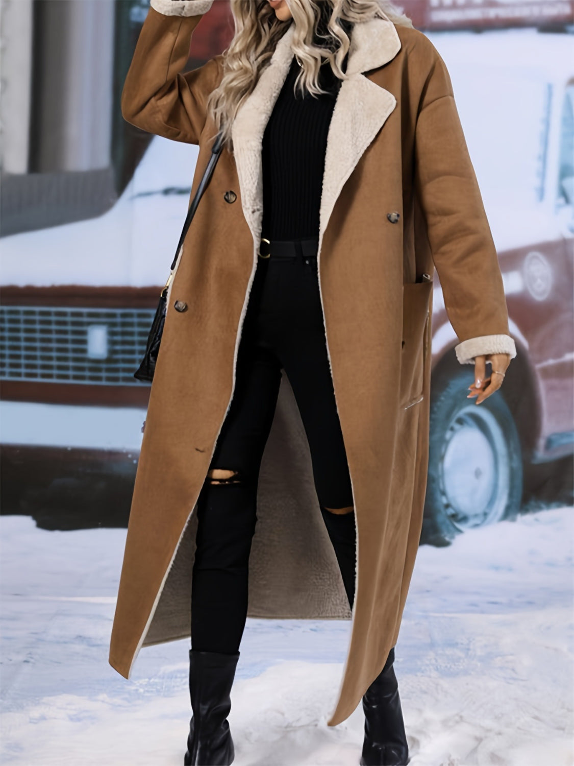 Plus Size Drop Shoulder Sherpa Longline Coat for Women - Warm Winter Oversized Fleece Jacket with Pockets | Cozy Outerwear for Casual Outings & Cold Weather