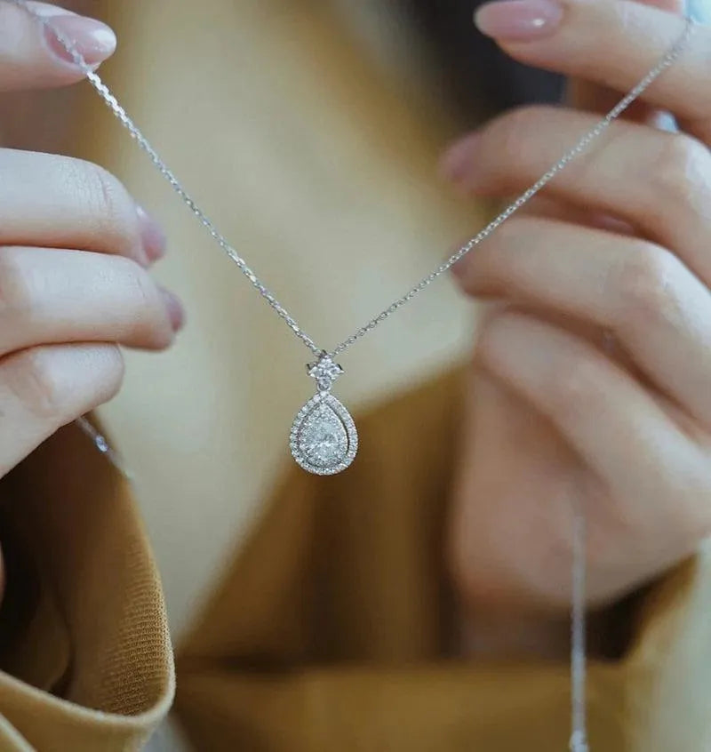 18K White Gold Diamond Pendant Necklace for Women - Shiny Water Drop Design with Real Natural Diamonds - Elegant Wedding & Anniversary Jewelry Gift - Perfect for Bridal, Evening Wear and Special Occasions