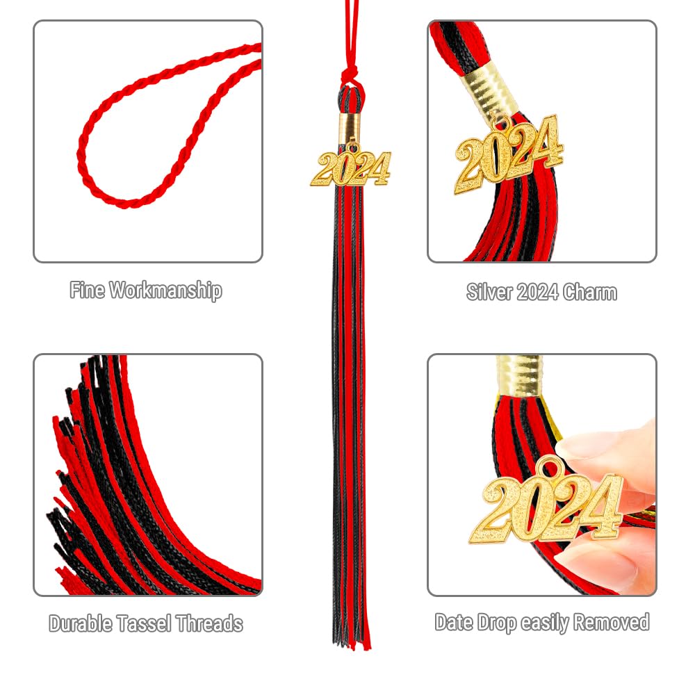 2024 Graduation Tassel with Gold Charm - 2 Pack Red & Black Cap Tassels for Graduation Ceremony, Class of 2024 Decorations - Perfect for High School & College Commencement Hats, Yearbook Photos & Graduation Party Decor