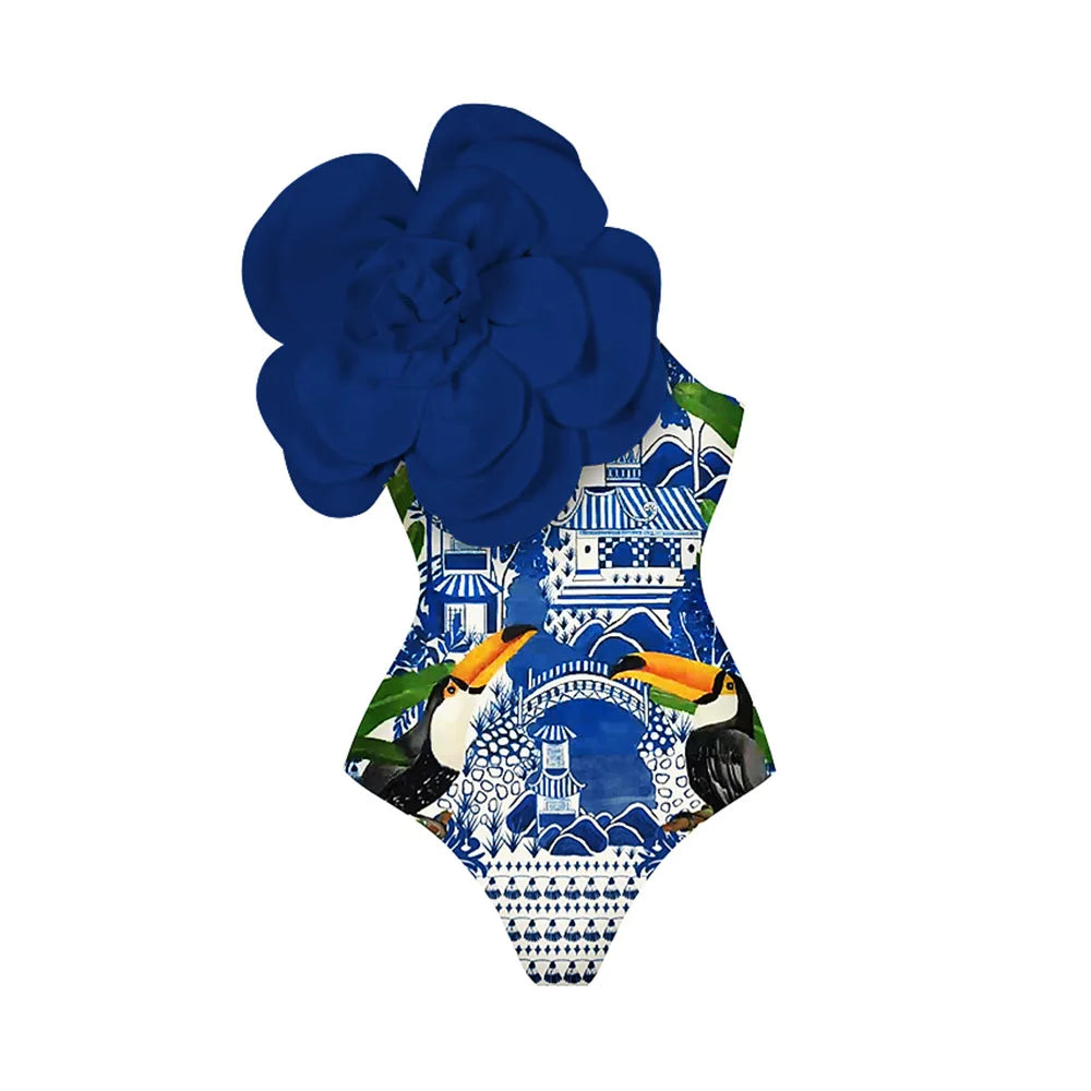 Blue One Shoulder 3D Flower Monokini Swimsuit for Women - Printed Brazilian Bikini with Skirt | Perfect for Beach Vacations, Pool Parties & Summer Getaways