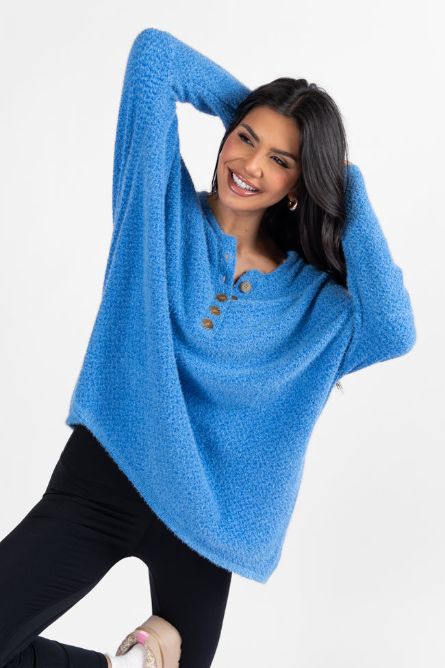 Thinking Of You Blue Fuzzy Henley Blouse for Women | Soft & Cozy Pullover Shirt | Casual Winter Wear | Perfect for Date Nights & Holiday Gatherings | FINAL SALE